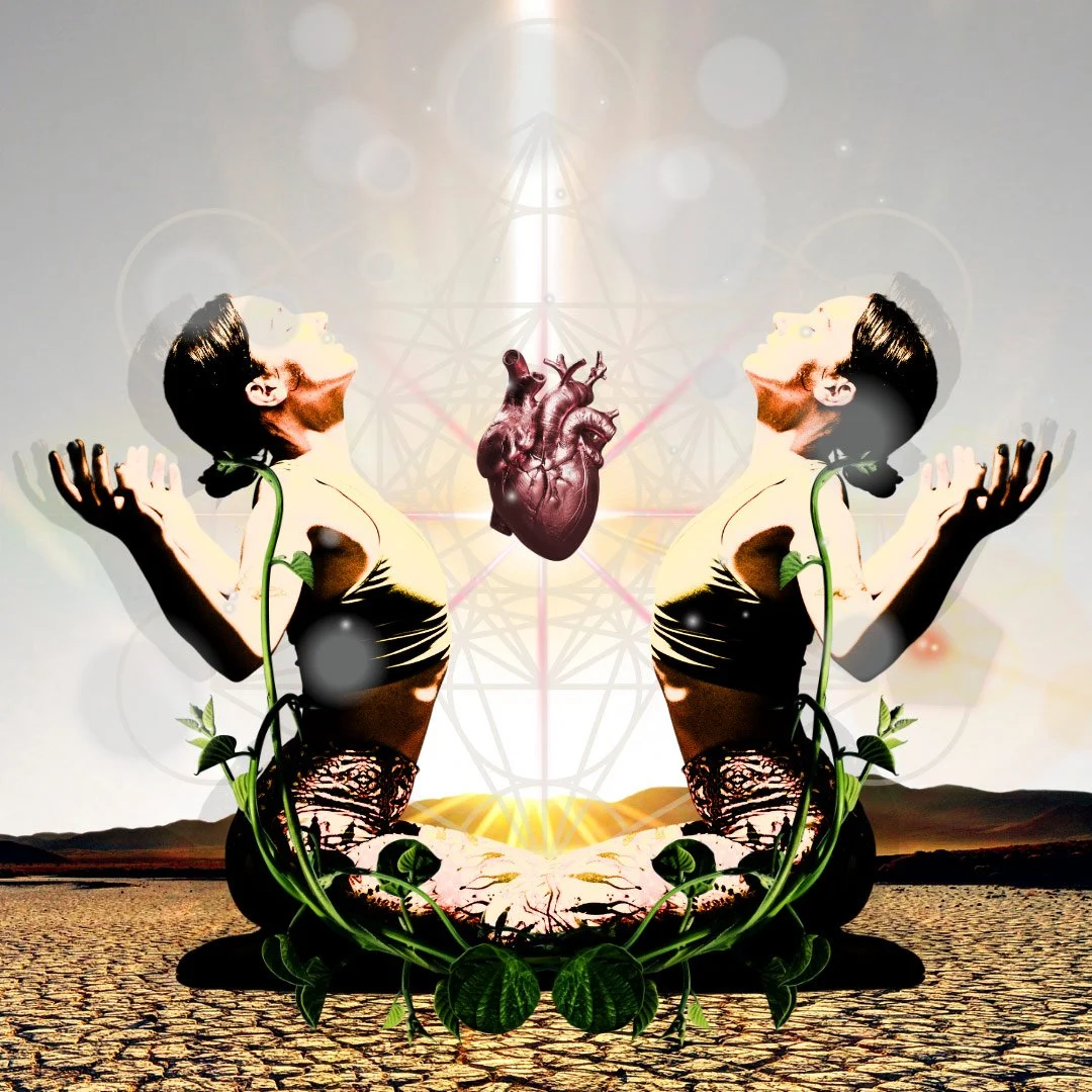 Symmetrical digital artwork featuring a woman in a black dress with vines to represent ongoing somatic support & transformational care in Colorado at Joytown.