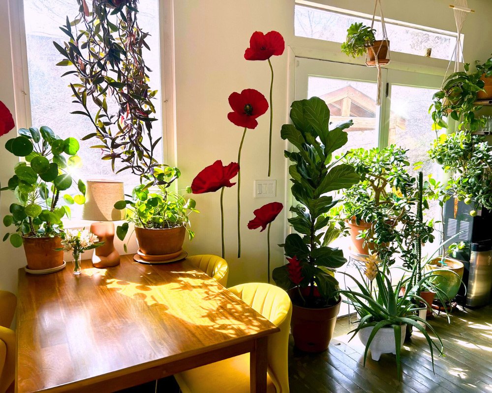 Sunlit indoor space with a wooden table surrounded by yellow chairs, decorated with various potted houseplants, large windows, and wall decals of red poppy flowers at Joytown, a transformational retreat & tantra sanctuary in Colorado.