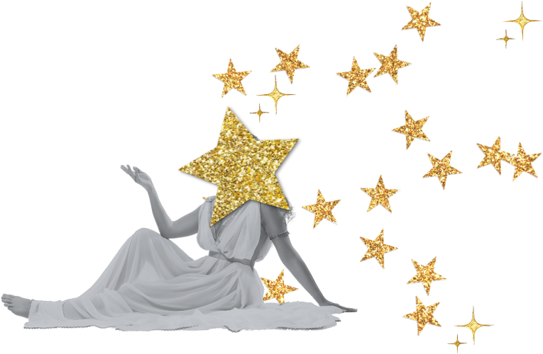 A woman in a white dress with a large gold glitter star covering her head to represent transformational healing through love & embodiment at Joytown.