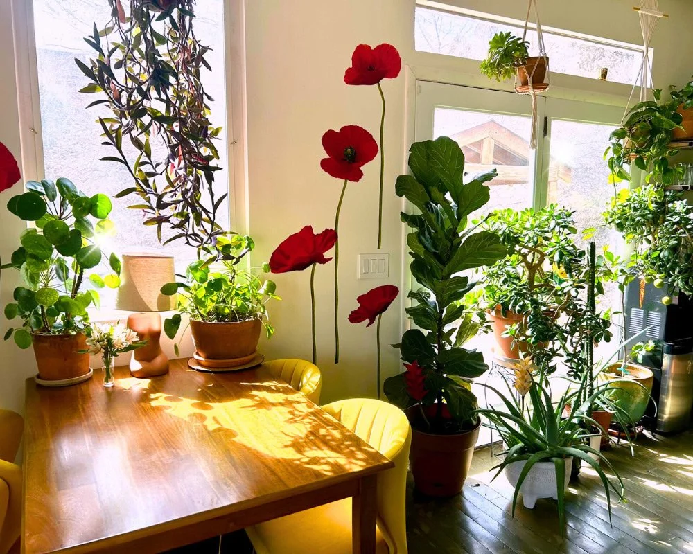 Sunlit indoor space with a wooden table surrounded by yellow chairs at Joytown, a transformational retreat & tantra sanctuary in Colorado