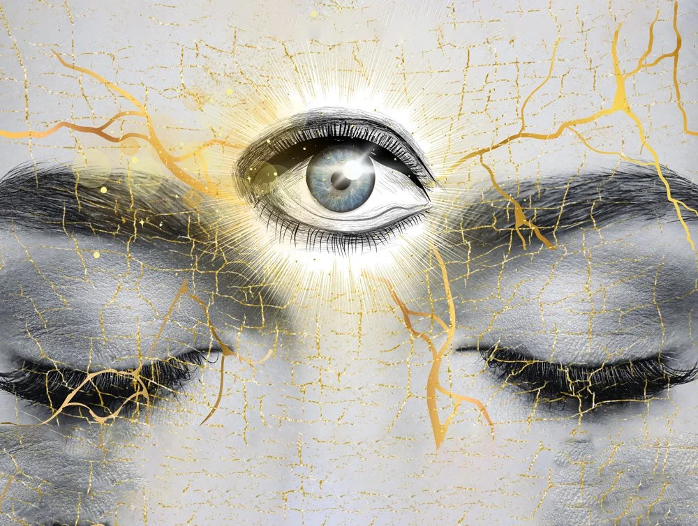 A surreal, large, realistic eye with a glowing orb in the center to represent ongoing somatic support & transformational care in Colorado at Joytown.