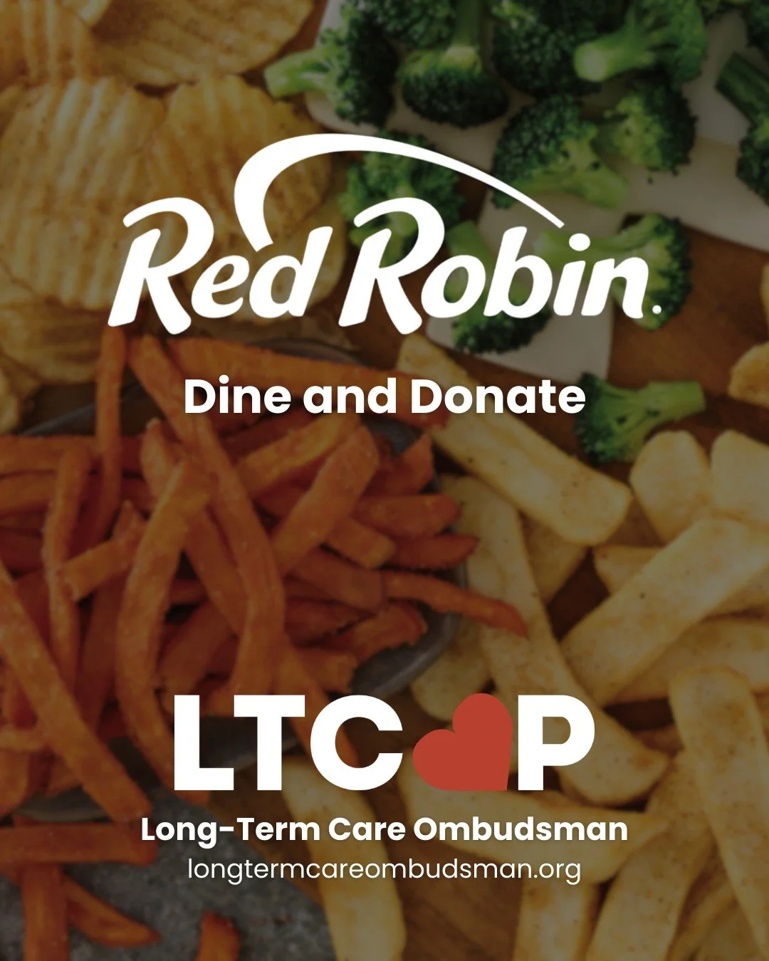 LAST OCTOBER DATE! 🍔 Grab a bite at Red Robin and 20% of your food sales will be donated back to support the Long-Term Care Ombudsman Program.
October:
🍔Thursday, October 30th
November:
🍔Wednesday, November 5th
🍔Thursday, November 13th
🍔Wednes