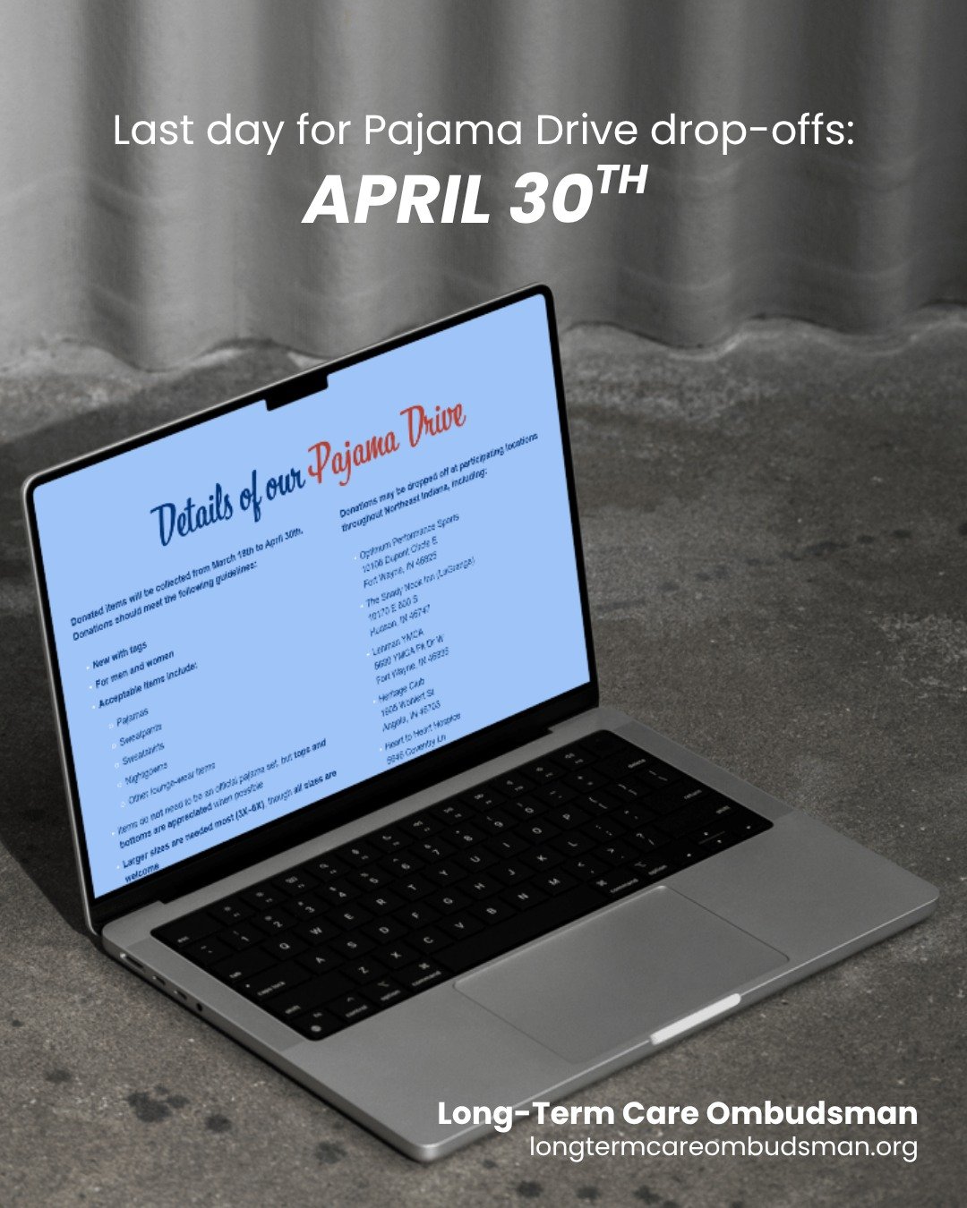 April 30th is the last day to drop off donations for our Pajama Drive! ⭐

If you&rsquo;ve been meaning to give, now&rsquo;s the time. Thank you for helping us make a difference in our community!

Find our drop-off locations on our website.