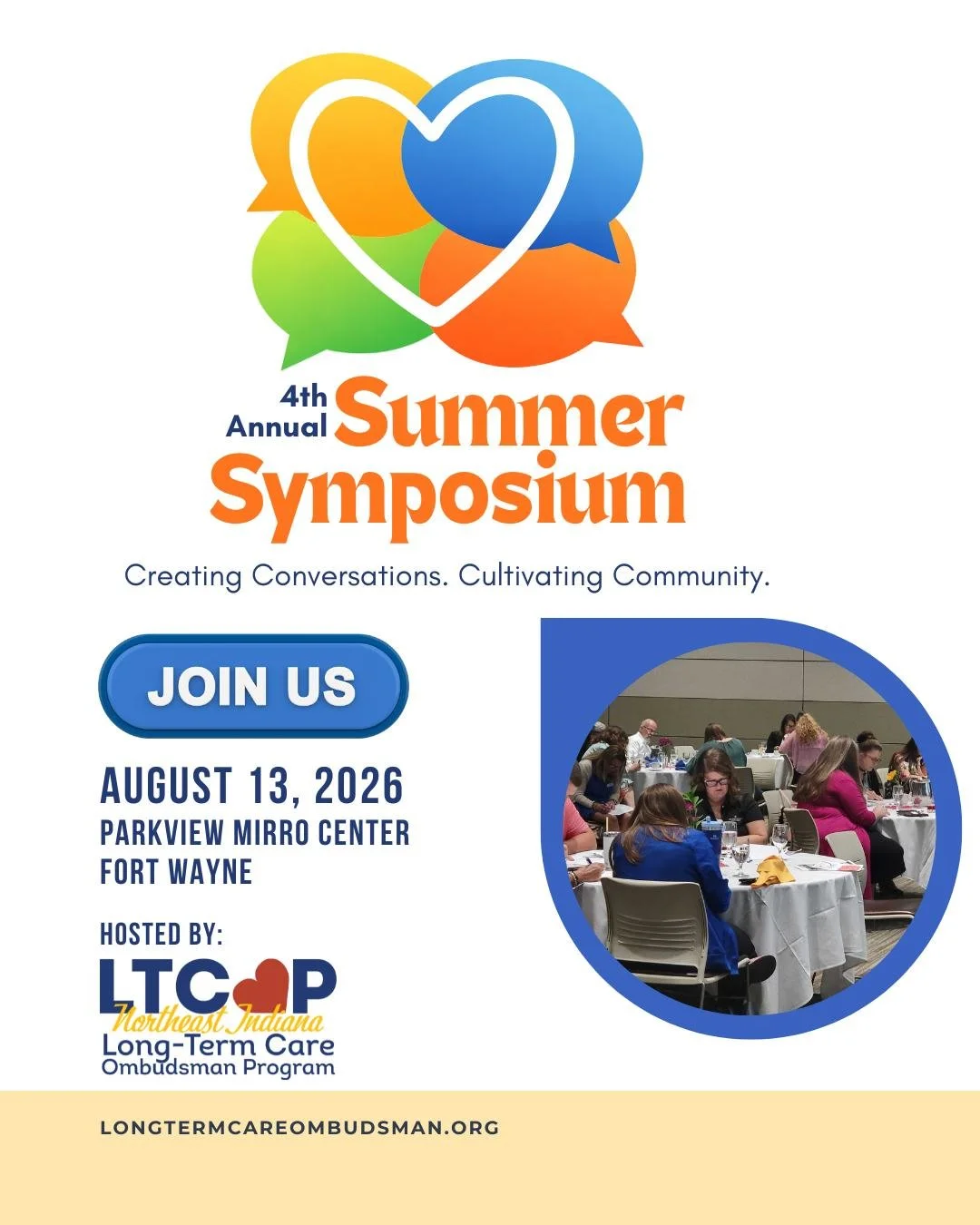 Creating conversations. Cultivating community.

Join us for the 4th Annual Summer Symposium on August 13th at the Parkview Mirro Center in Fort Wayne. Connect with professionals, advocates, and community leaders dedicated to supporting resident right