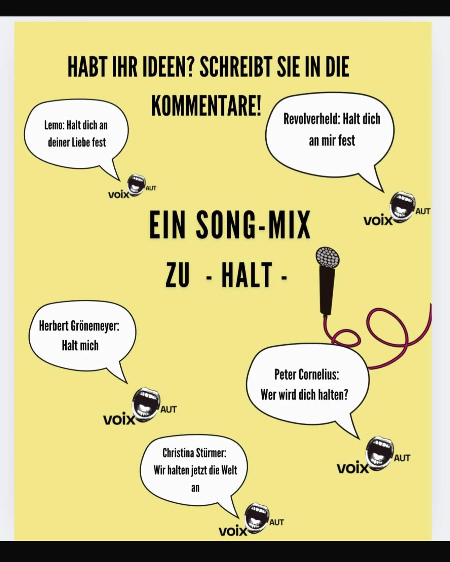 🎶 D&eacute;fi musique : cr&eacute;ons ensemble une playlist !
Nous cherchons des chansons dans lesquelles appara&icirc;t &laquo; halt &raquo;&mdash;que ce soit dans le titre ou dans les paroles.
Nous en avons d&eacute;j&agrave; quelques-unes en t&ec