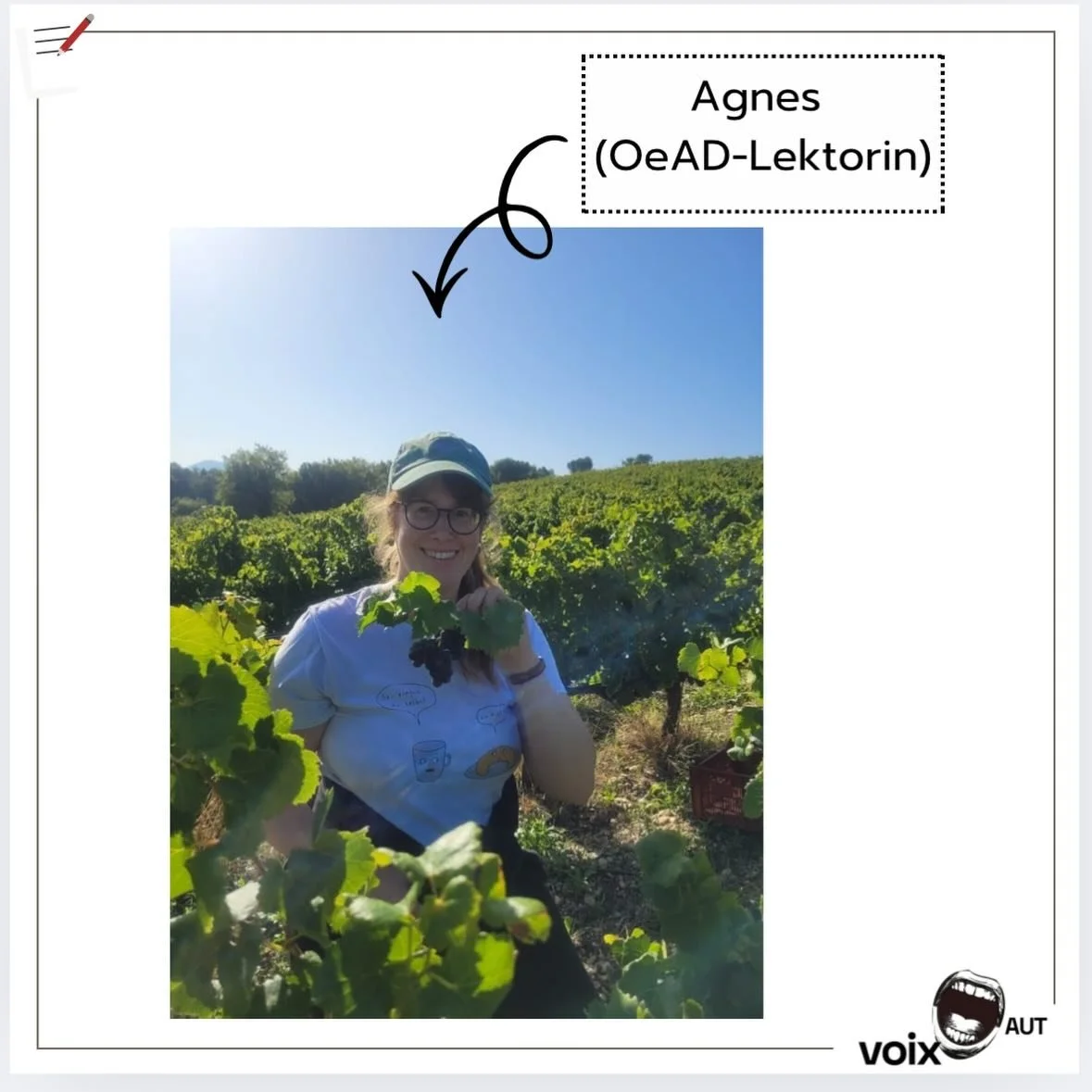 Agnes ist seit September 2025 als Lektorin an der Universit&eacute; Paul Val&eacute;ry in Montpellier t&auml;tig ✨📚. Sie schreibt gerade an ihrem ersten Roman ✍️📖 und freut sich stets &uuml;ber den Austausch mit anderen Schreibenden 🤝✨. Das Verfas