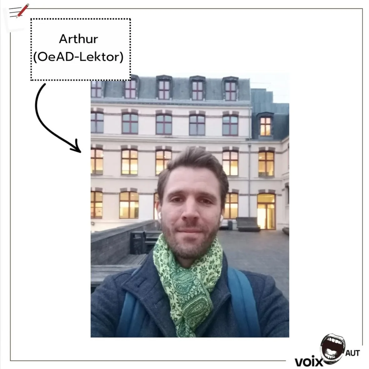 Arthur ist seit 2024 Lektor an der Sorbonne Paris IV 🇫🇷. Er unterrichtet vorwiegend Phonetik 🔉, hat aber auch Konversations- und Deutschkurse . F&uuml;r ihn ist die Literatur ein wunderbarer M&ouml;glichkeitsraum, der uns erlaubt, in das Denken, F