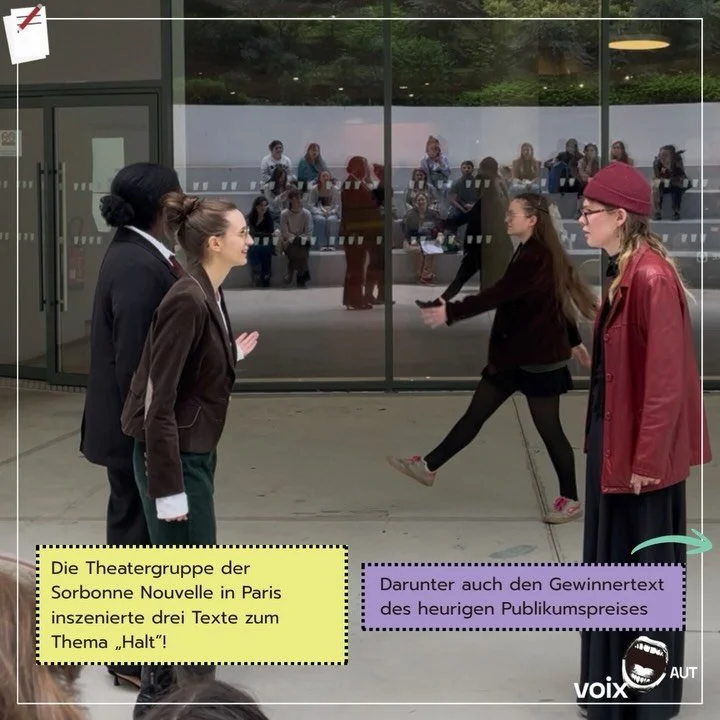 Die Theatergruppe der Sorbonne Nouvelle in Paris inszenierte drei Texte zu unserem Thema &bdquo;Halt&rdquo;! Darunter auch den Gewinnertext des heurigen Publikumspreises, &bdquo;Nochmal von vorn!&ldquo; von Artem Koshtur. 🏆

La troupe de th&eacute;&