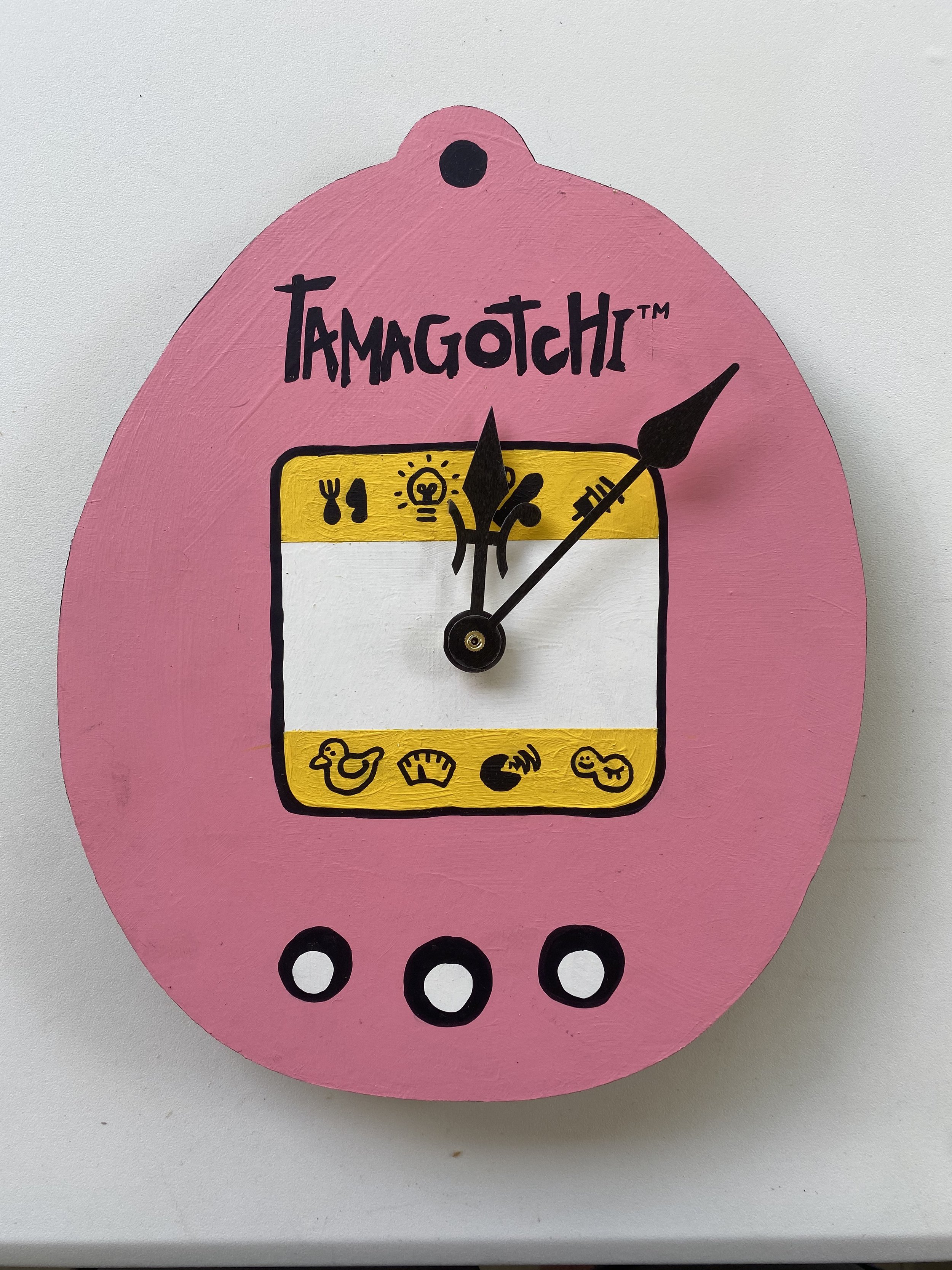 Tamagotchi clock, acrylic on MDF, 2022
