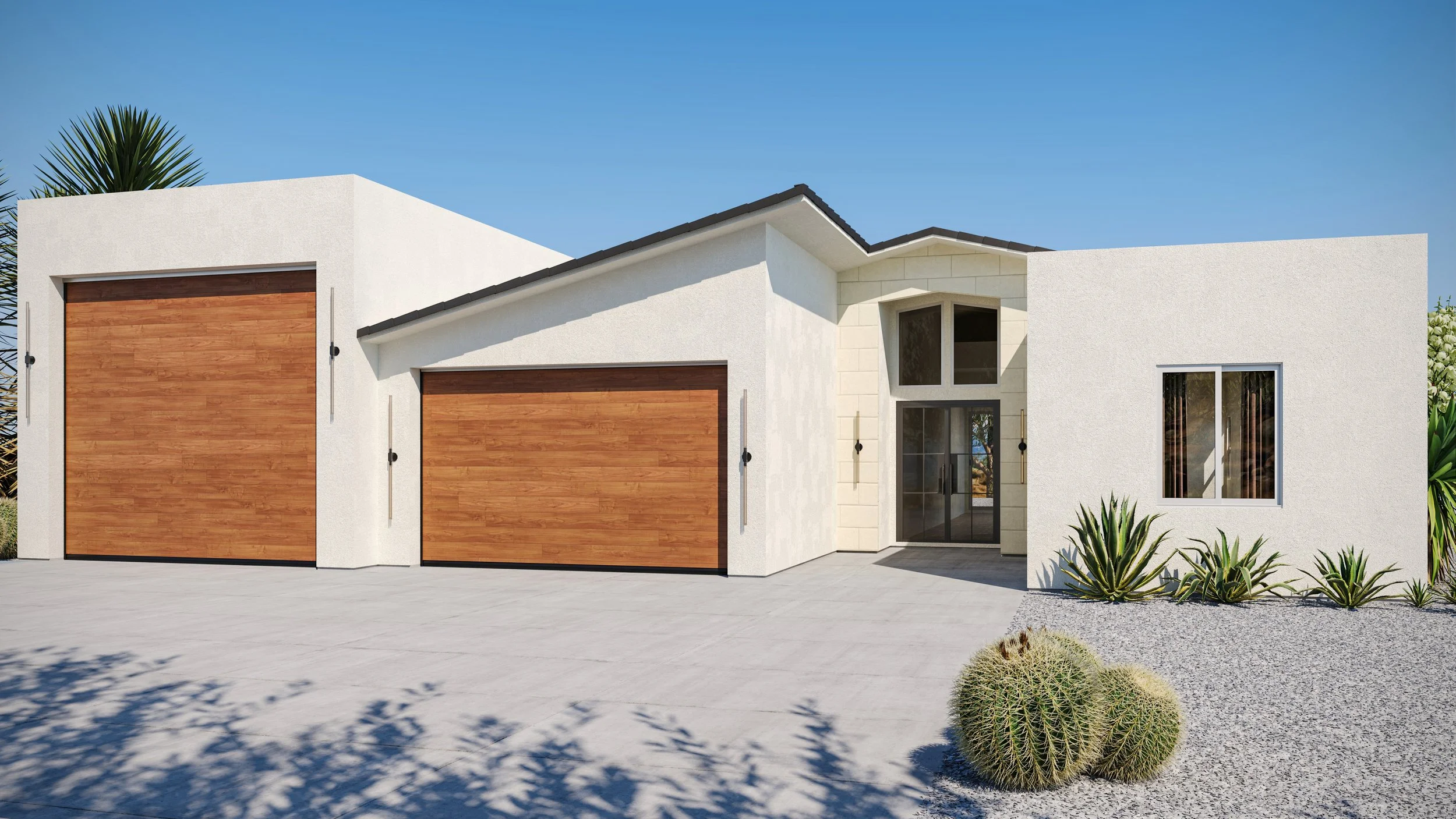 Modern single-story house with white exterior walls, wooden garage doors, and desert landscaping including cacti, agave, and gravel