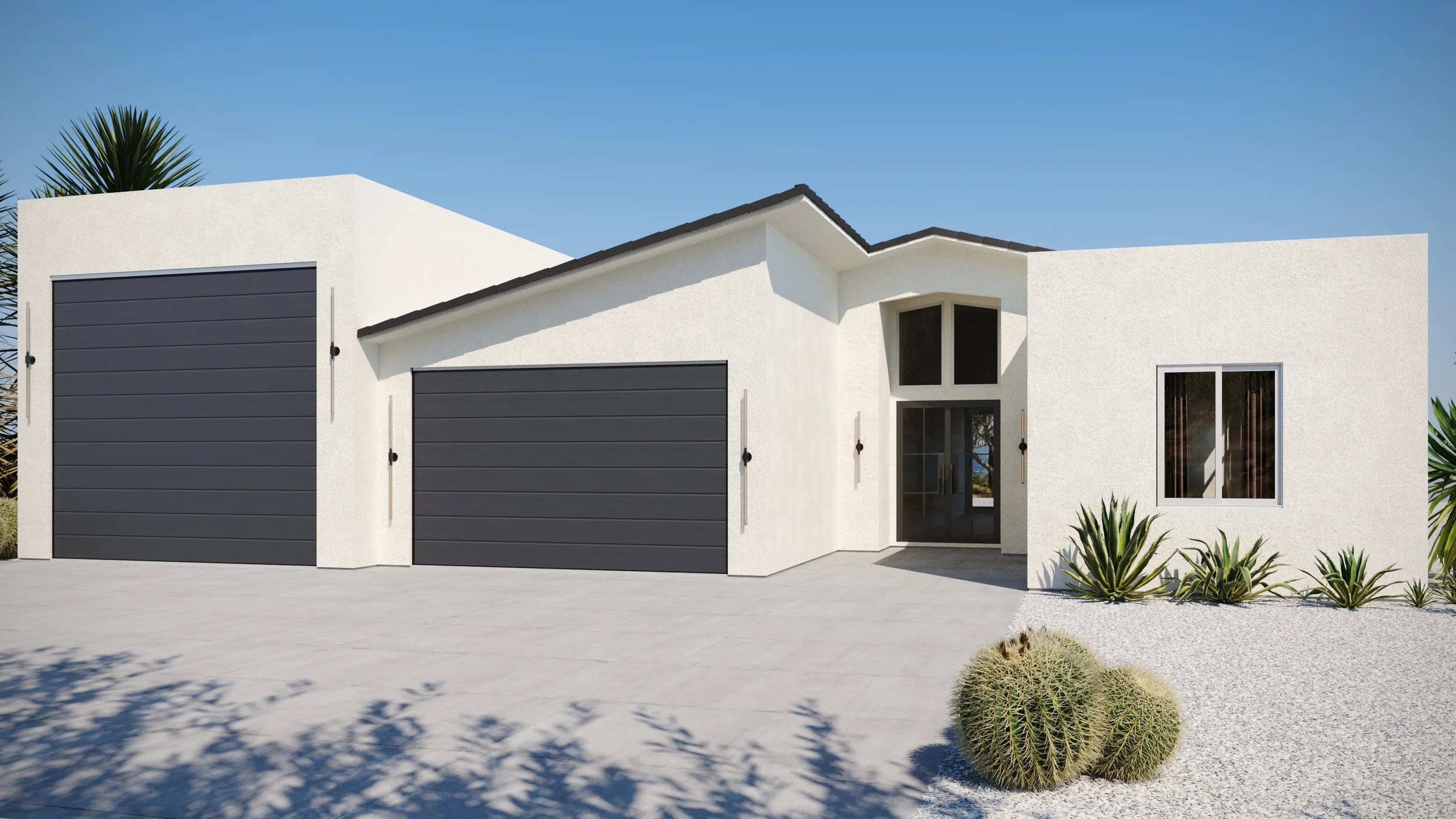 Modern white house with two black garage doors, glass front door, and desert landscaping with cacti and palms under a clear blue sky.