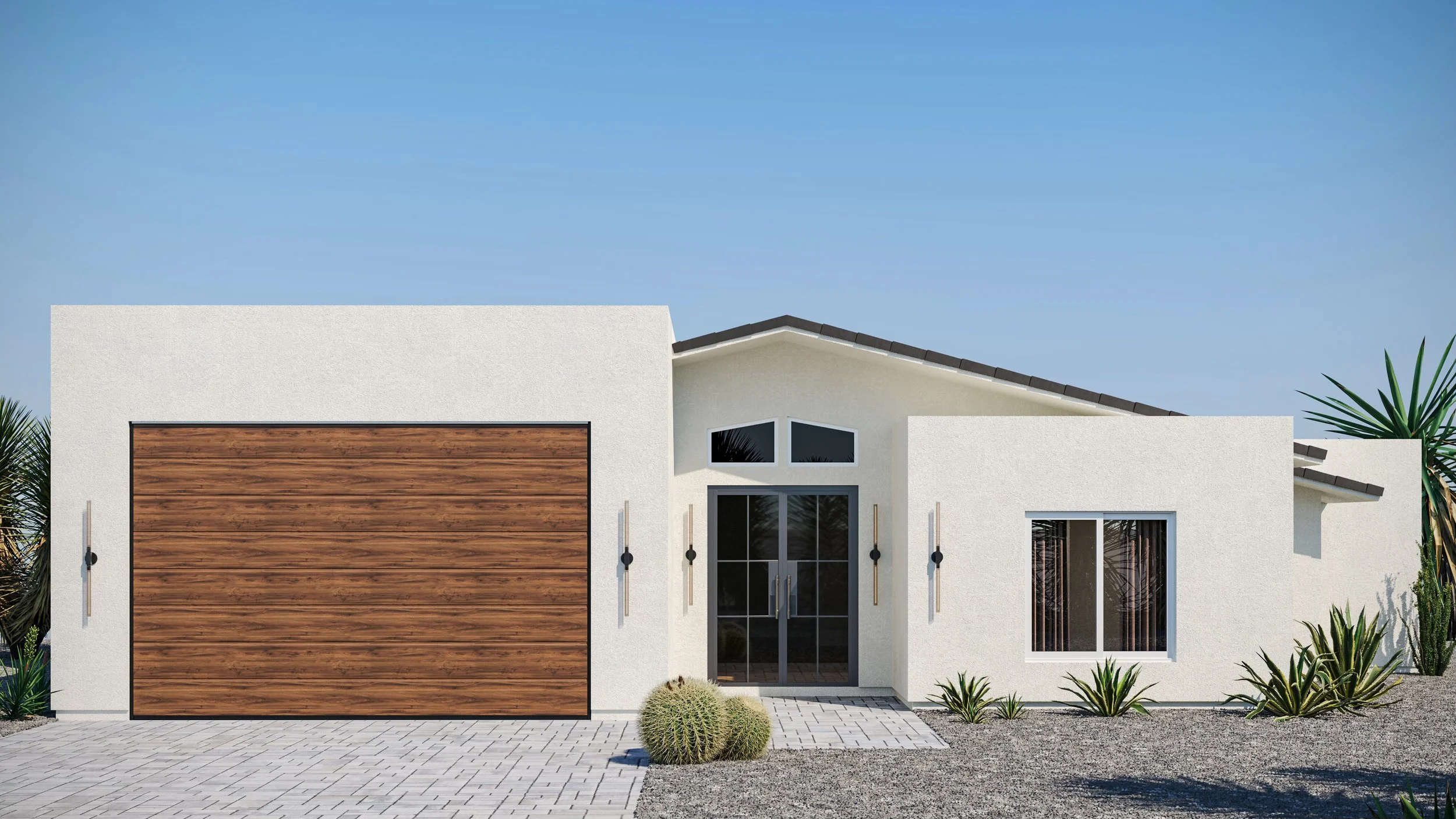 Modern white house with a wooden garage door, large front window, and desert landscaping with cacti and succulents under a clear blue sky.