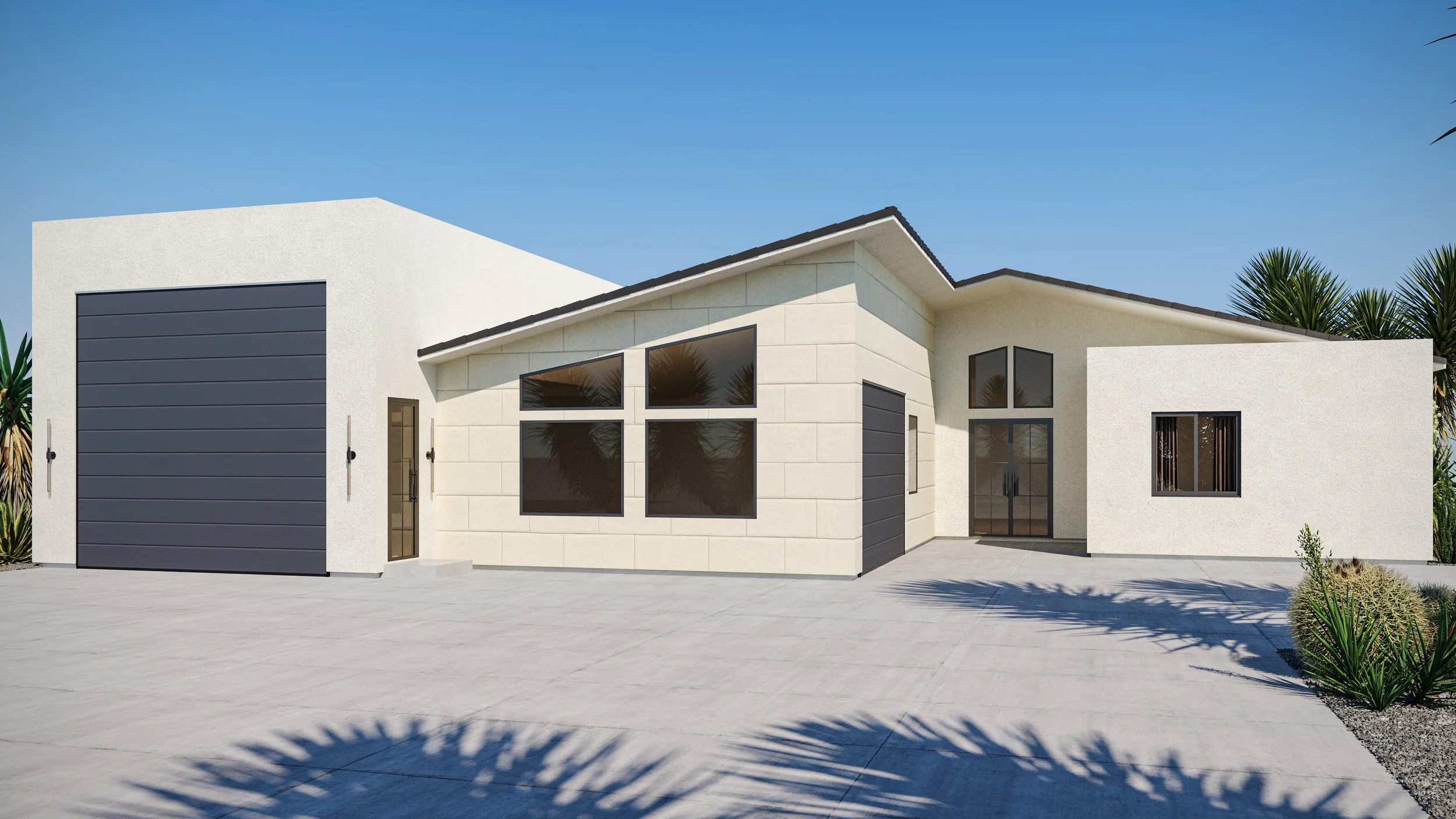 Modern house with a minimalist design, white exterior walls, large black-framed windows, a two-car garage with a dark gray door, and desert landscaping with cacti and shrubs under a clear blue sky.