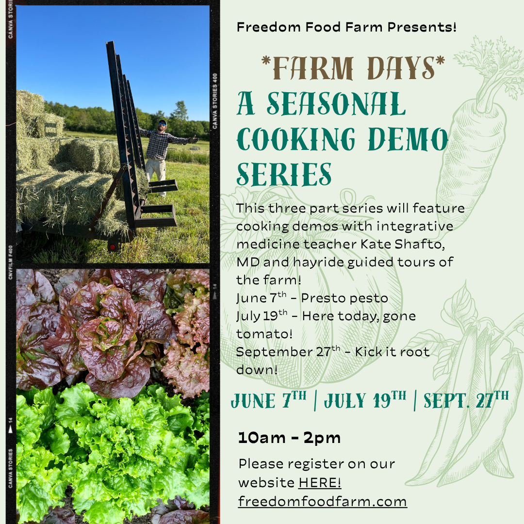 Flier for summer farm event series with a hay ride and displaying fresh lettuce.