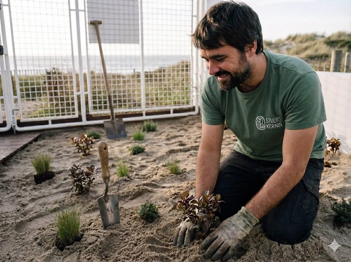 Plantation professionnelle d’arbustes et vivaces réalisée par Studio Kernin Paysagiste, avec sélection de plantes de qualité provenant de pépinières spécialisées – projets à Rennes, Lorient, Vannes et Saint-Malo