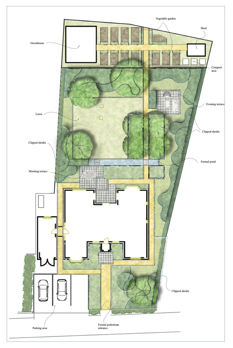 Avant-projet de jardin à Vannes par Studio Kernin avec plan d’aménagement, matériaux et croquis pour visualiser le futur jardin.