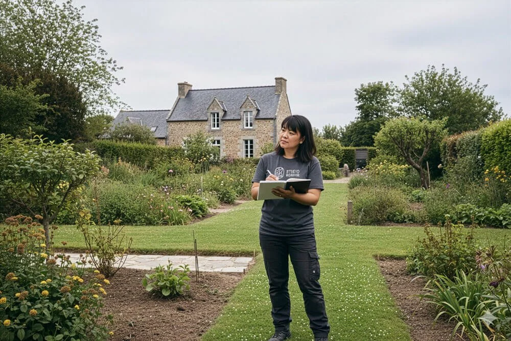 Plan d’aménagement réalisé par Studio Kernin pour un petit jardin urbain ou suburbain, service disponible à Rennes, Lorient, Vannes et Saint-Malo.