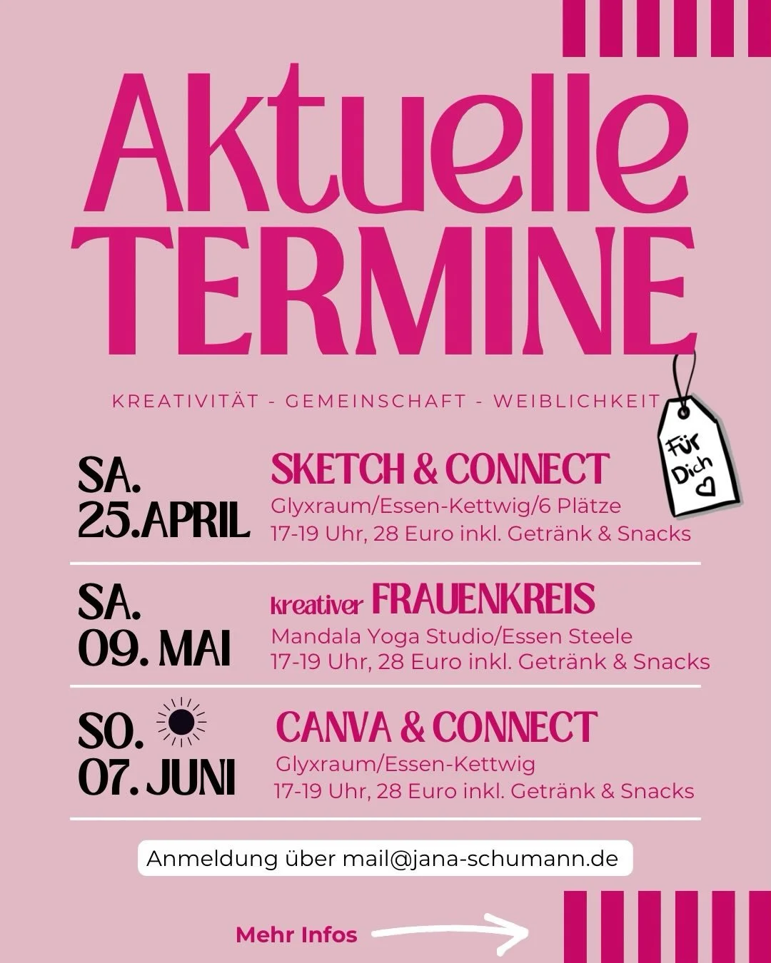 Und nat&uuml;rlich musste ich meine Streifen Liebe auch direkt mit in mein Design &uuml;bernehmen. 

Hier kommen also meine aktuell geplanten Termine als &Uuml;bersicht. 

Die Idee von Sketch &amp; Connect und Canva &amp; Connect habe ich mir &uuml;b