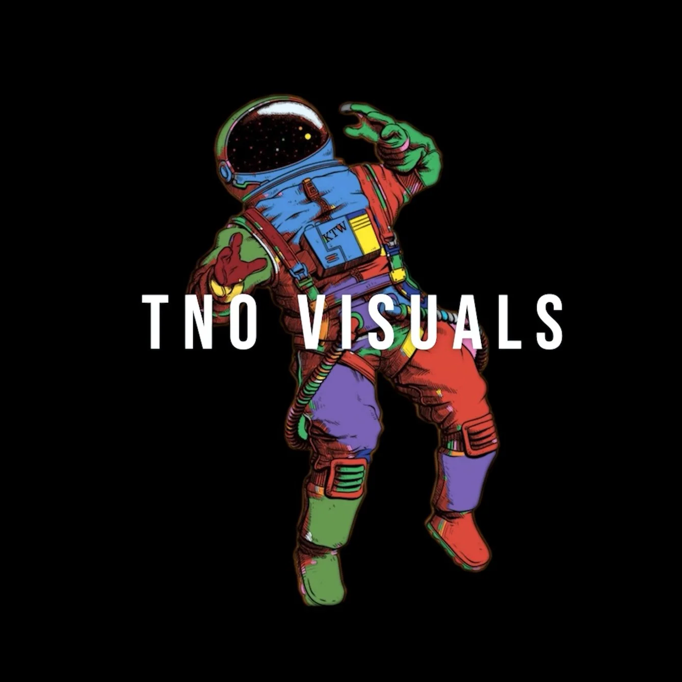 Colorful cartoon astronaut in space suit dancing with pose, text overlay says 'TNO VISUALS', black background.