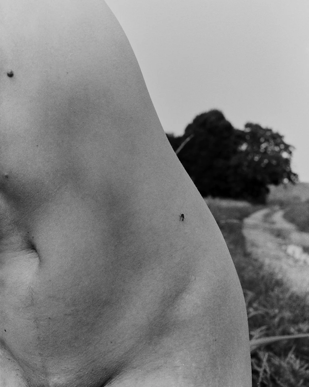 Particolare di un corpo umano femminile nudo con paesaggio naturale sullo sfondo, in bianco e nero.