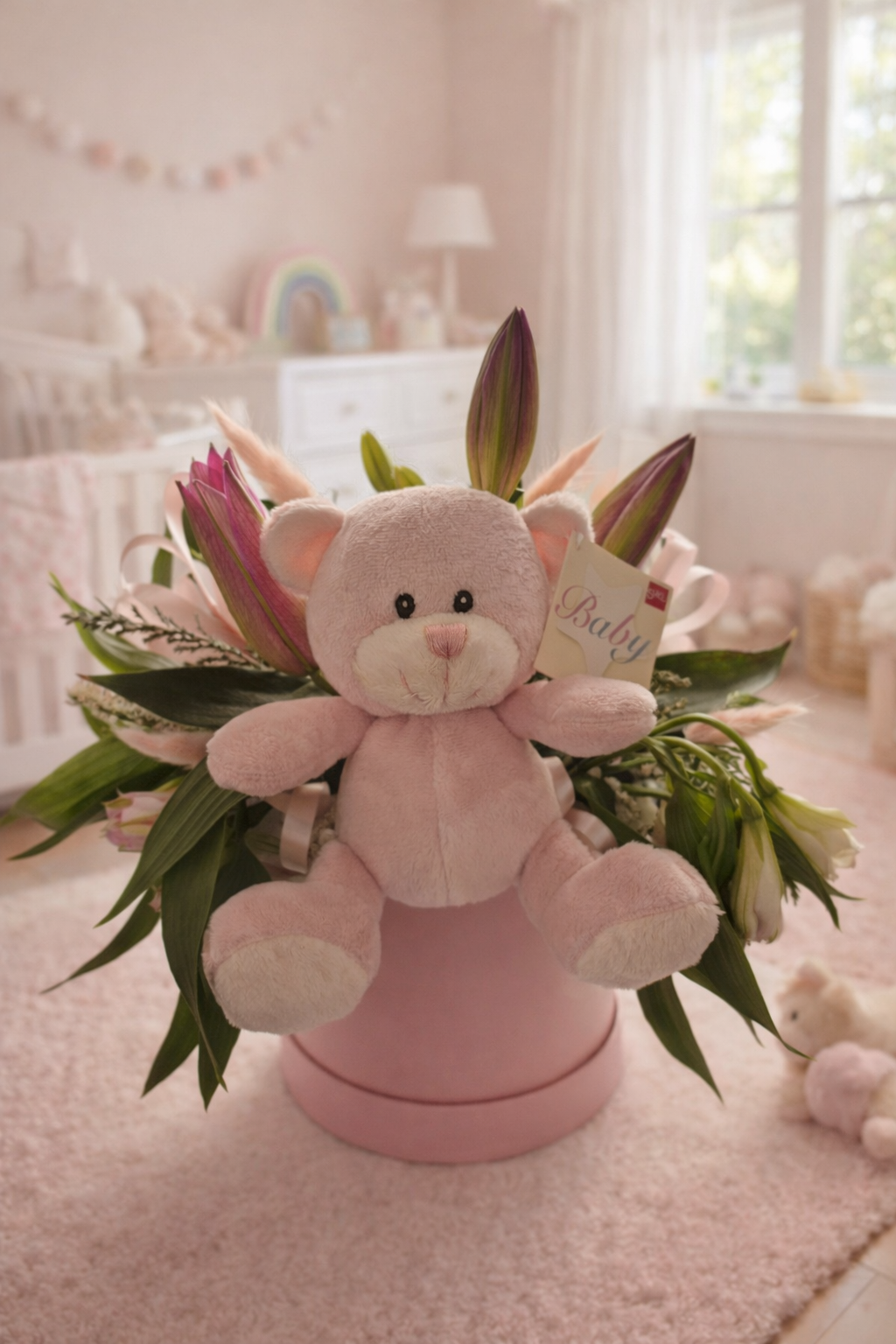 Baby Girl Floral Hatbox with Teddybear