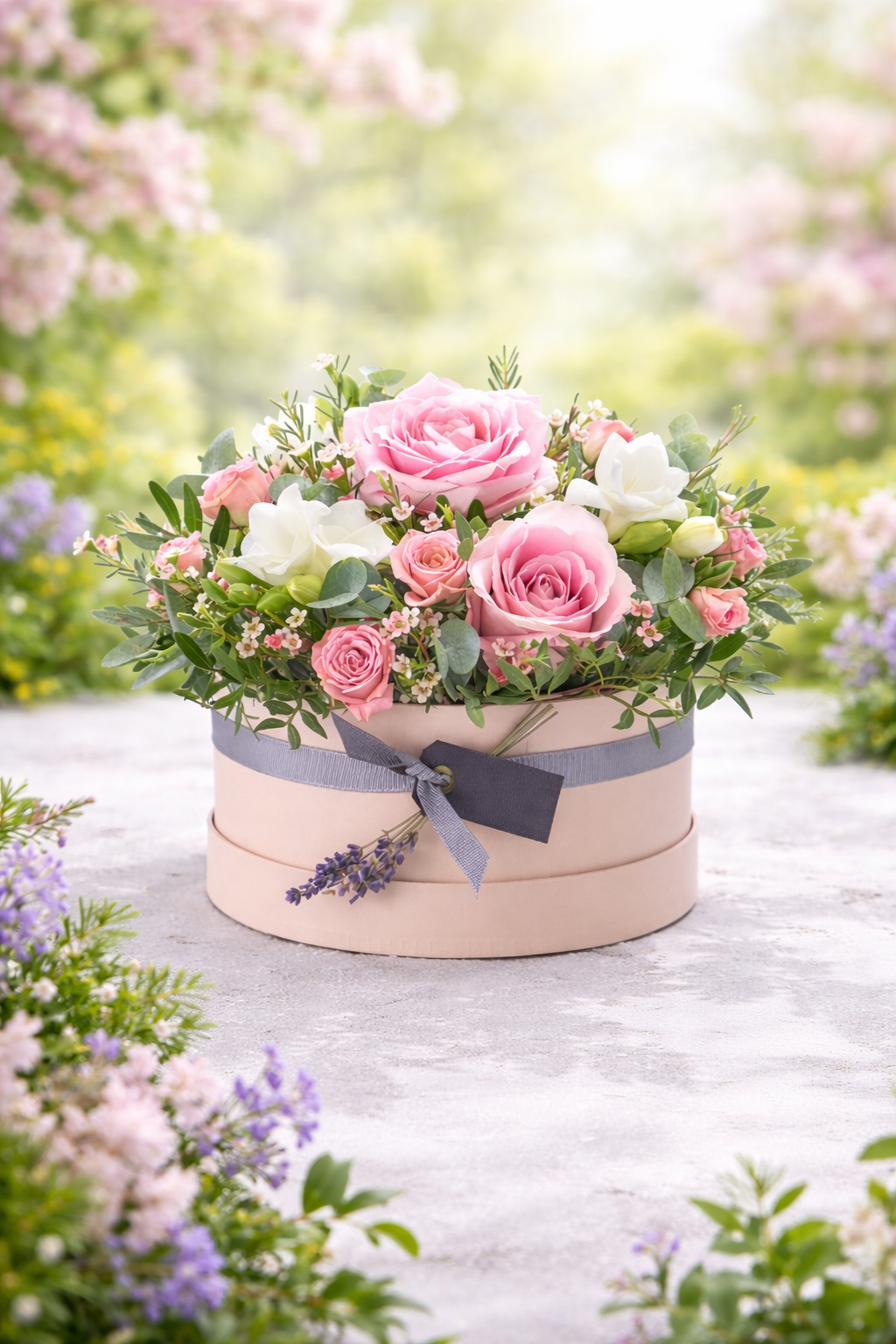A round pink box filled with pink roses, white flowers, and greenery, tied with a gray ribbon, placed on a light-colored surface outdoors with blurred pink and purple flowers in the background.