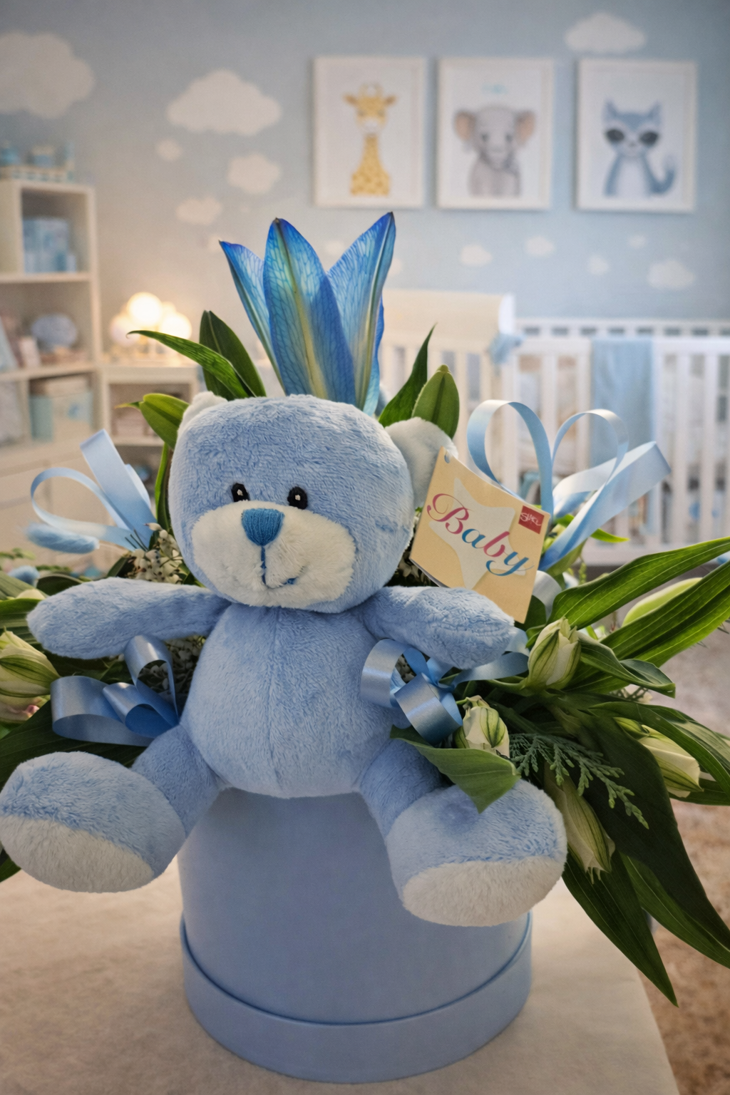 Baby Boy Floral Hat Box with Teddy Bear