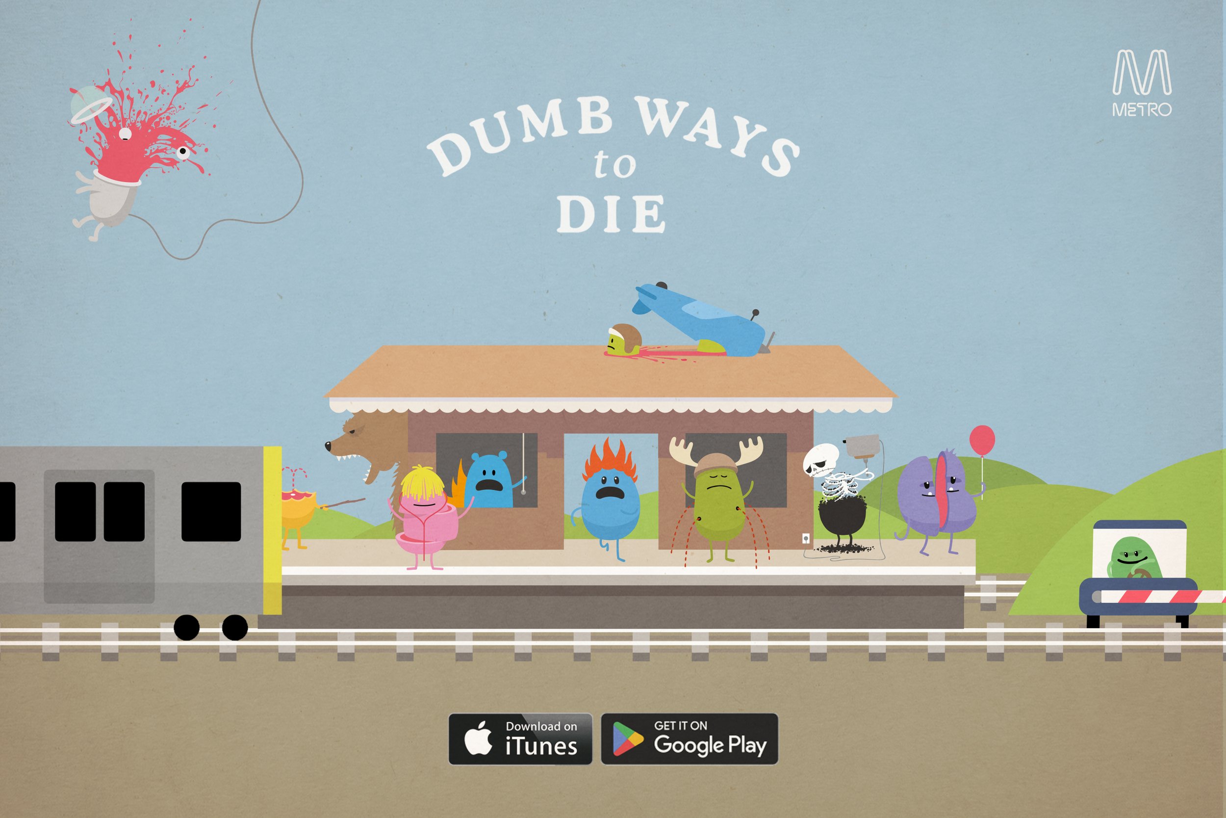 Illustration of cartoon characters on a train platform with text "Dumb Ways to Die" above them. Various characters display humorous and dangerous situations, promoting safety awareness. Includes iTunes and Google Play download logos.
