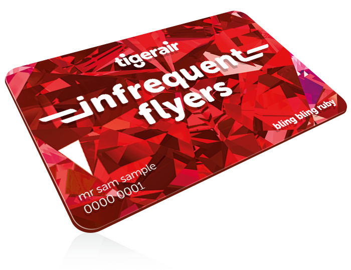 Tigerair infrequent flyers card with red gemstone design, labeled 'bling bling ruby', sample name 'mr sam sample'.