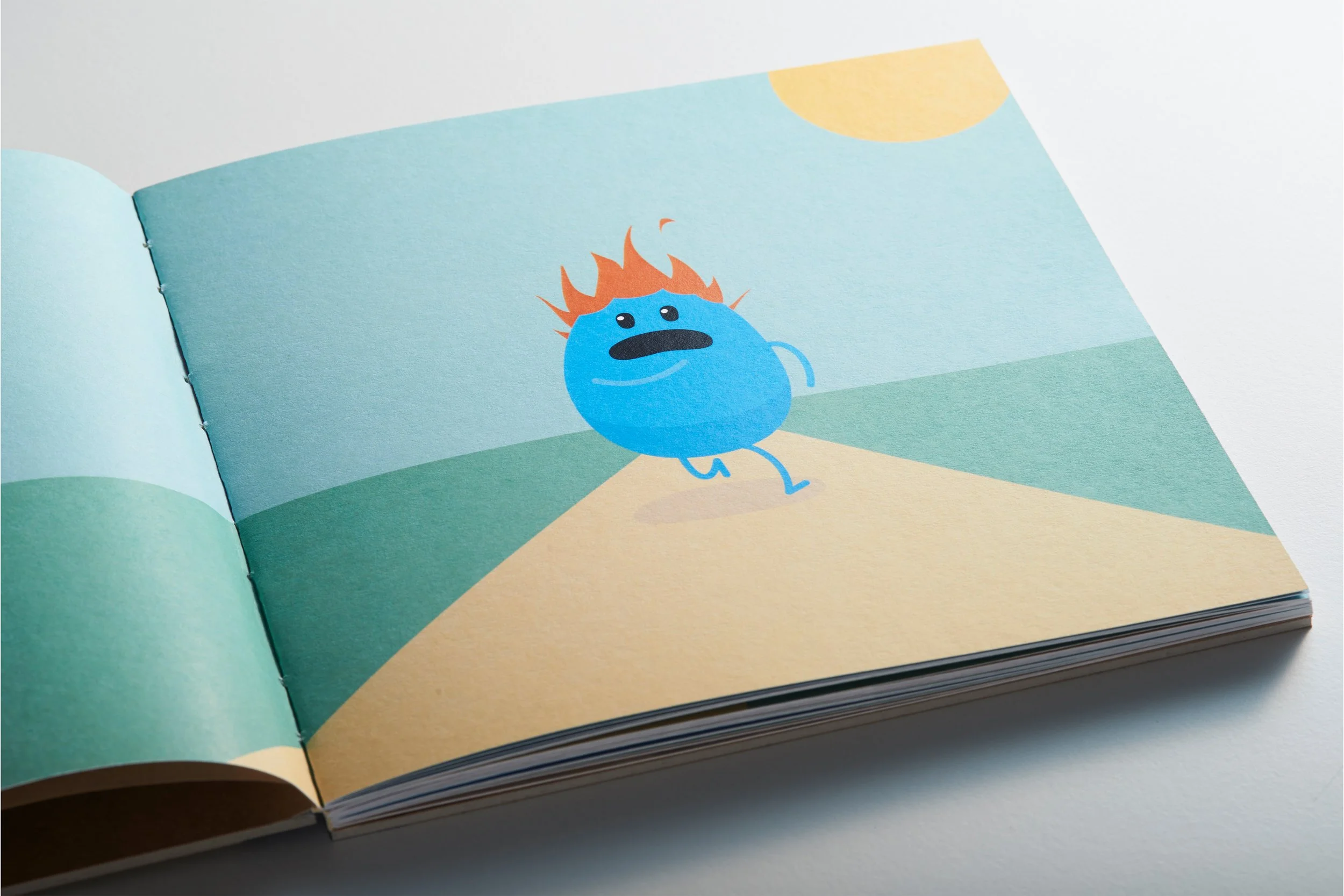 Illustrated character with red hair on fire running on path in a book