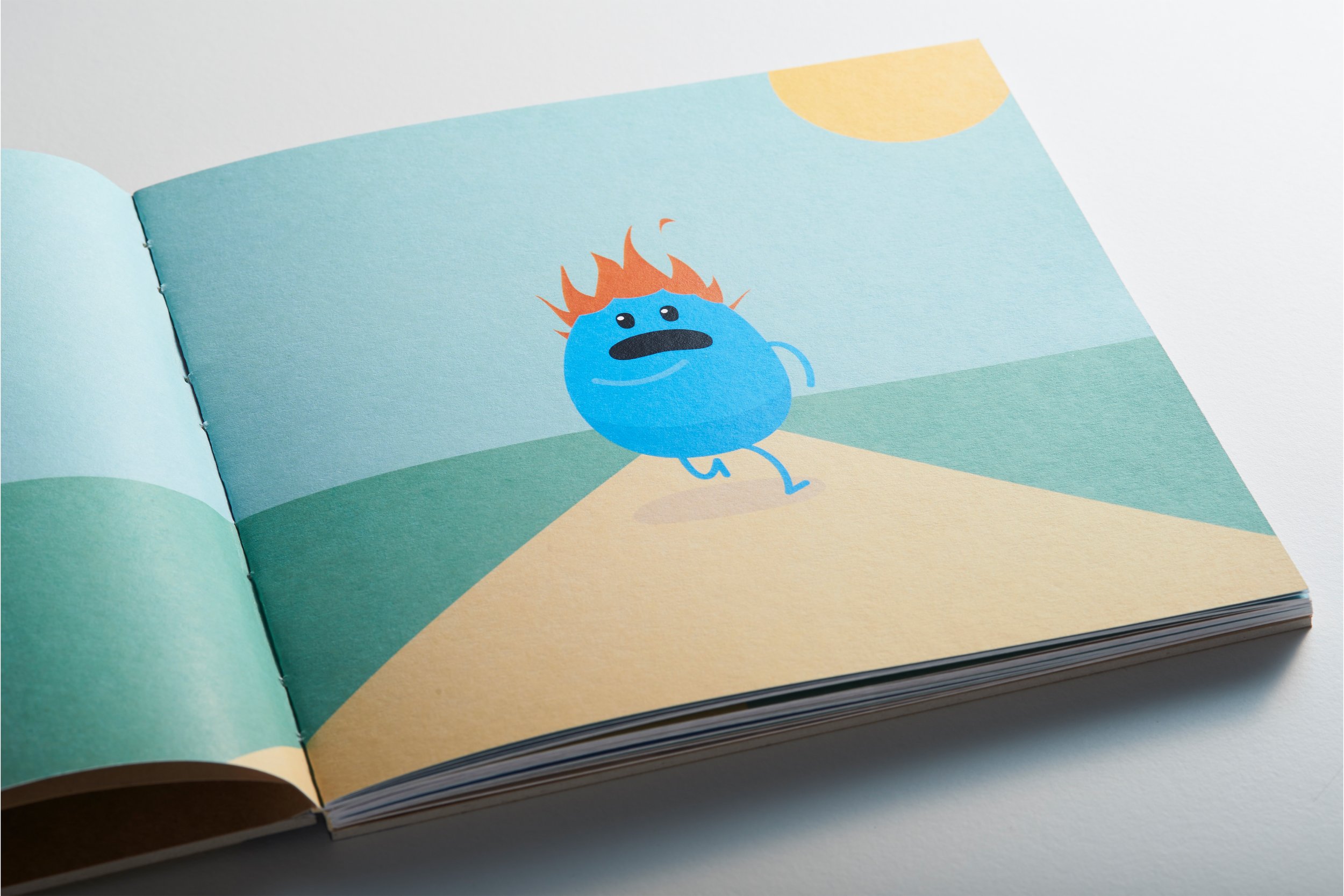 Illustrated character with red hair on fire running on path in a book