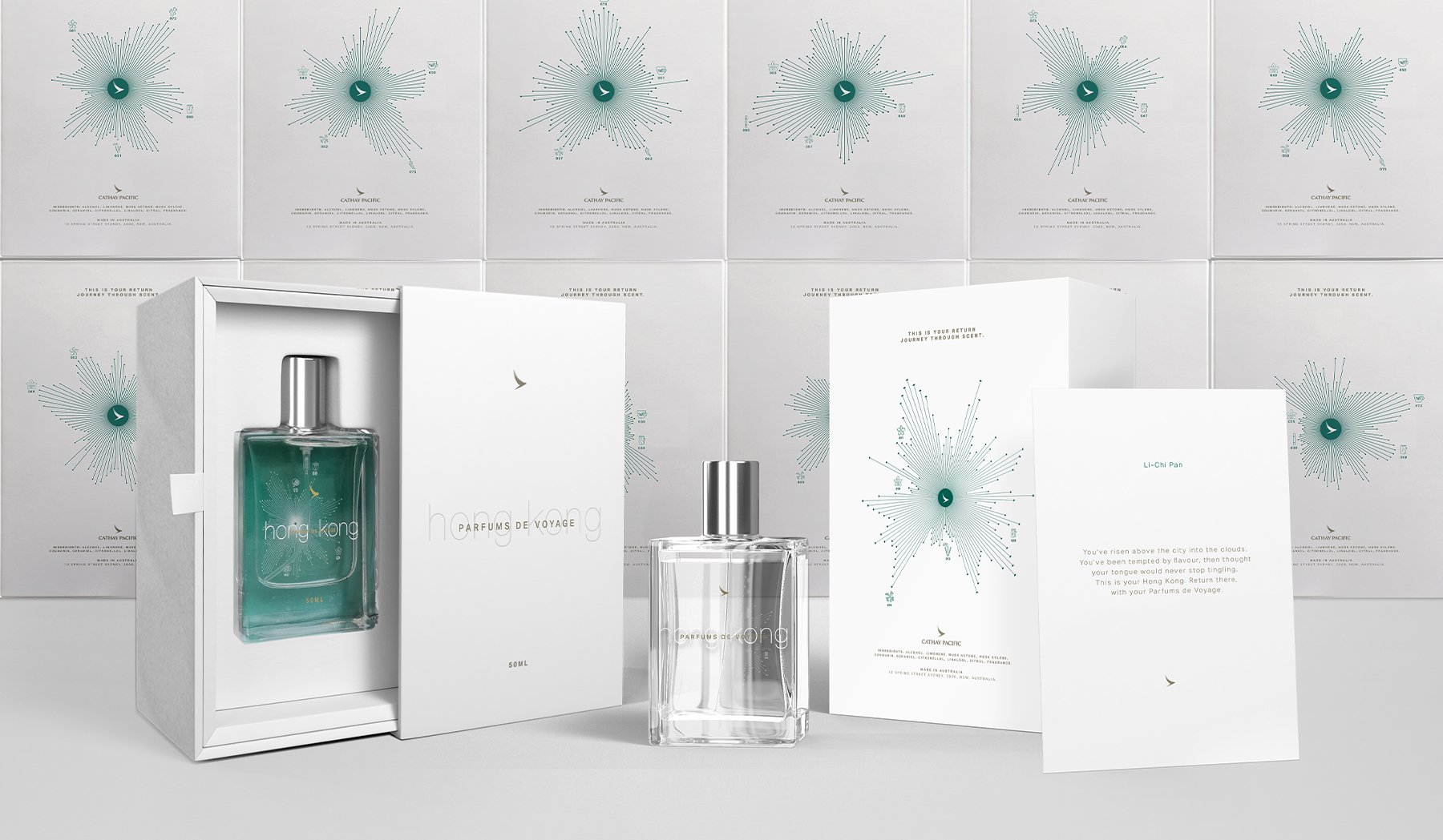 Perfume bottle and packaging with Hong Kong theme, featuring a modern design and starburst graphics.