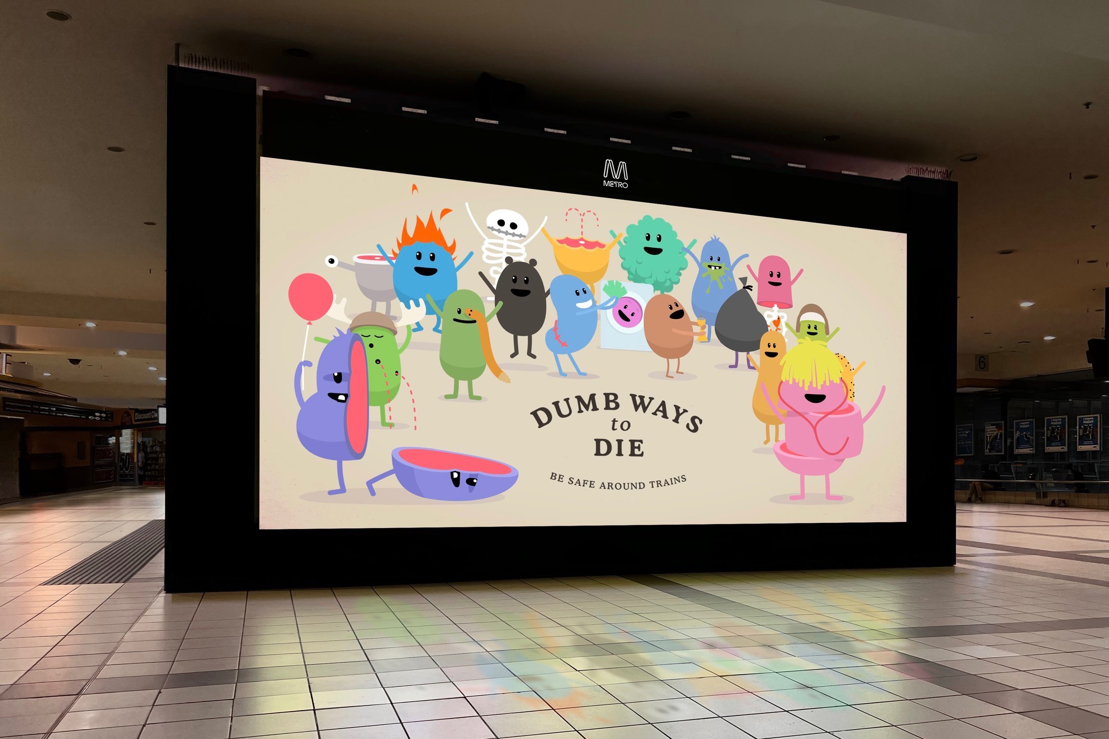 Digital billboard with cartoon characters from 'Dumb Ways to Die' safety campaign in a shopping mall.