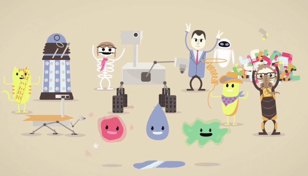 Cartoon characters representing different scientists and elements, including a yellow cat, a tall robot, a skeleton, a scientist, a robot hand, a person with a hat, a pink molecule, a blue molecule, a green substance, and a person wearing glasses sur