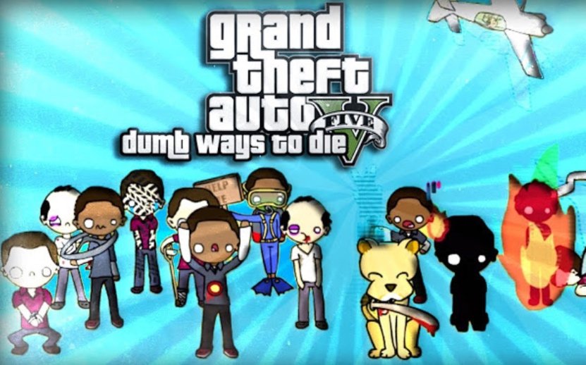 Cartoon characters from the game Grand Theft Auto V with the title in the background, depicting various characters and animals in a colorful animated style.