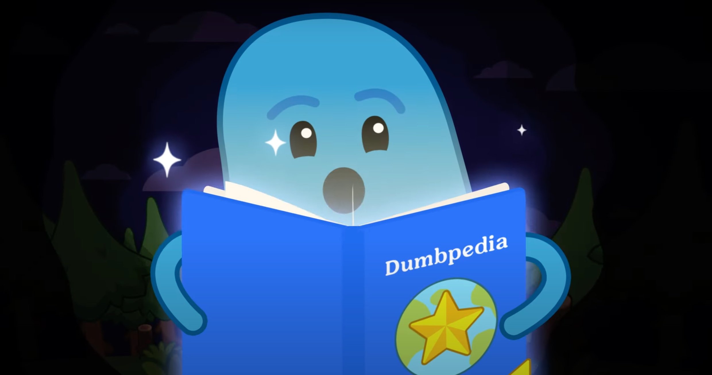 A cartoon character resembling a blue jelly or blob, with big adorable eyes and an open mouth, is reading a blue book labeled 'Dumbpedia'. The background depicts a dark night sky with stars and green silhouettes of trees.