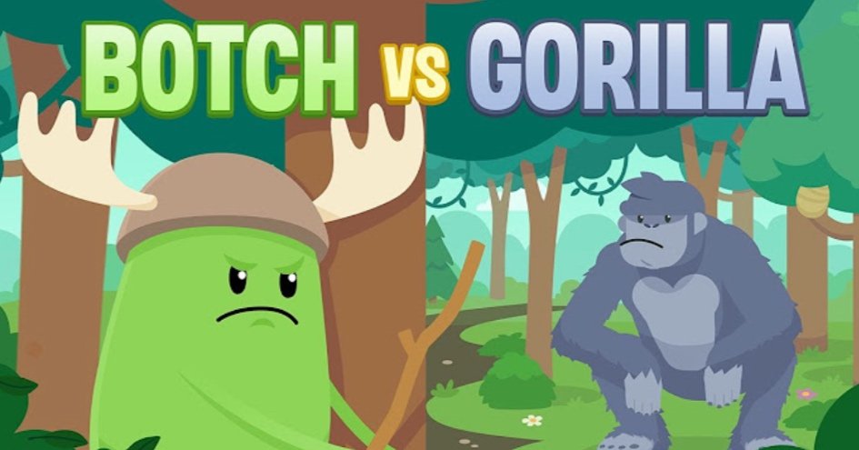 Illustration of a cartoon flora and fauna forest scene with a cartoon green plant character with antlers and a gray gorilla character. The text says 'Botch vs Gorilla'.