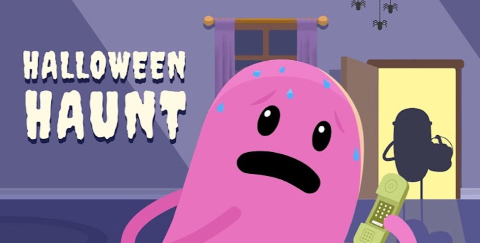 Cartoon pink blob with a worried expression holding a corded phone, in a Halloween-themed room with a 'Halloween Haunted' sign on the wall and a shadowy figure in the doorway.