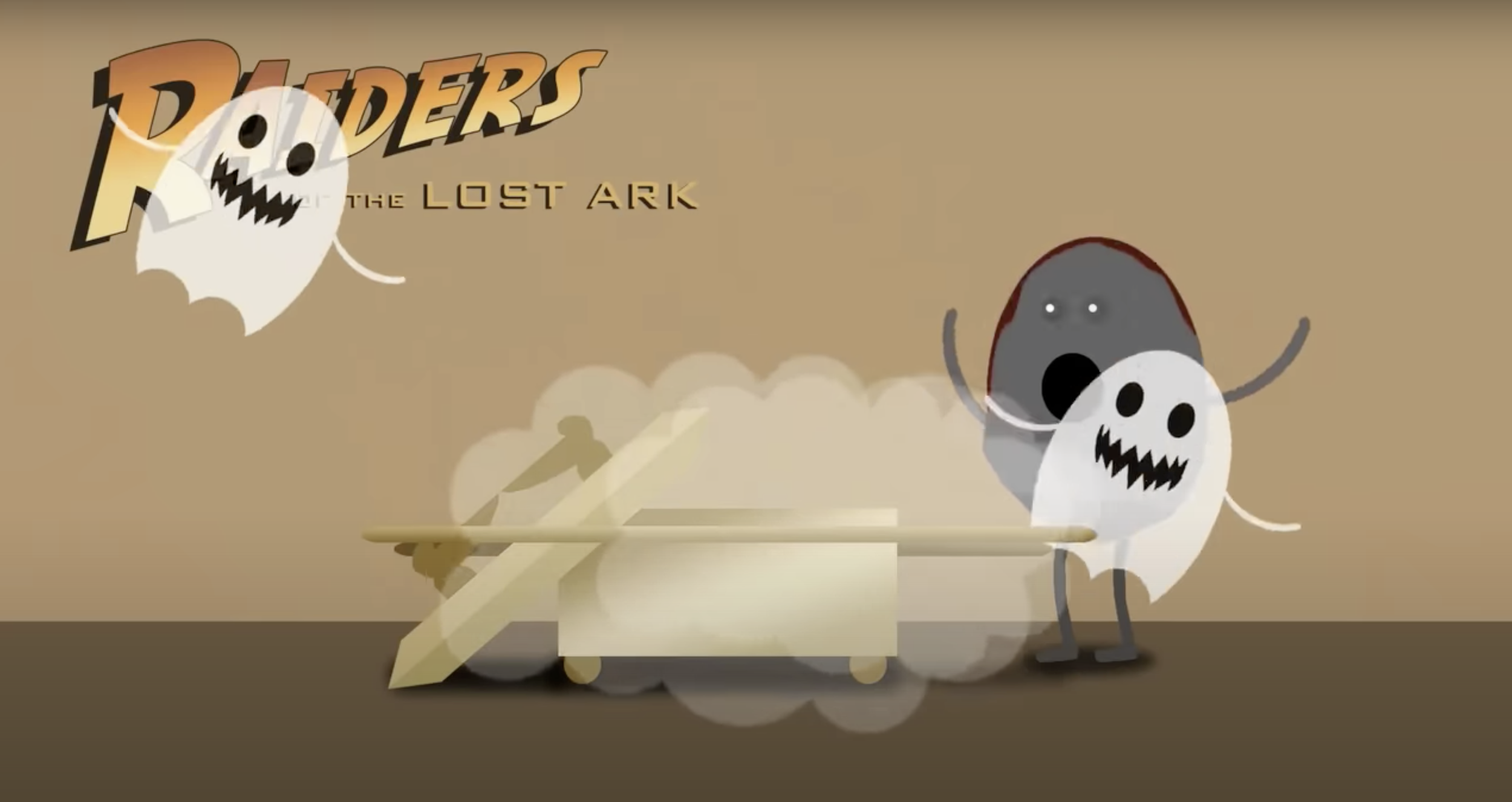 Animated illustration from the game 'Puddles of the Lost Ark' featuring a cartoon ghost with a mouth open and arms raised, next to a large ghost with a similar face on a wooden platform, with smoke and dust clouds around.