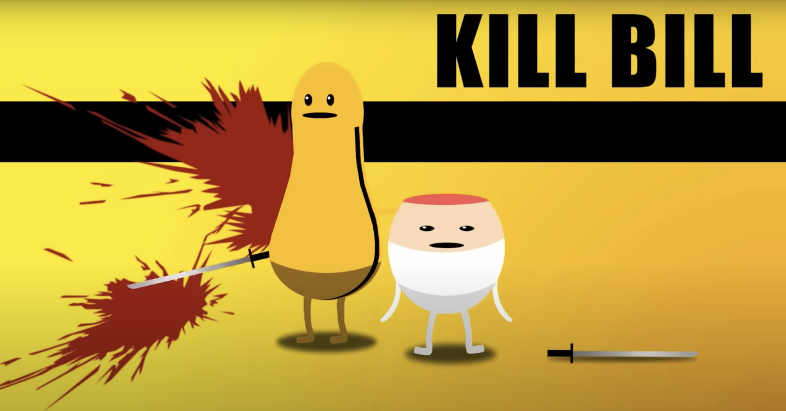 Digital cartoon illustration of an anthropomorphic yellow character with a surprised expression, wielding a sword, beside an egg-shaped character with an open mouth and a small wound on top of its head, on a yellow background with black text that say