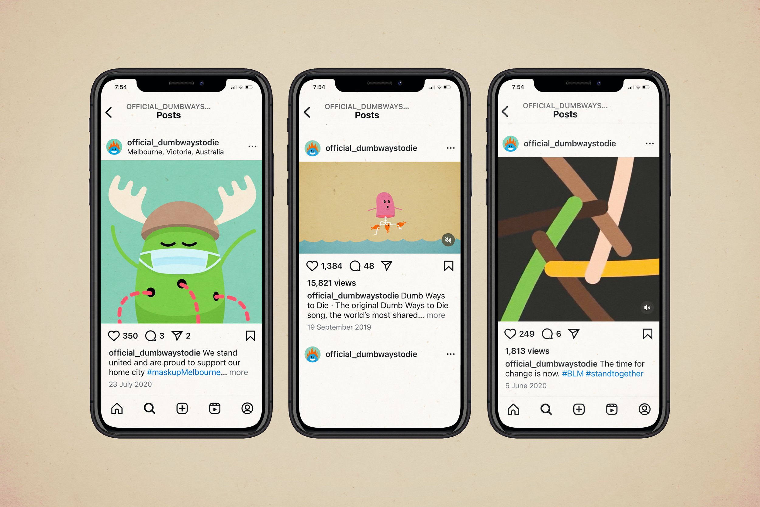 Three iPhones displaying Instagram posts from "official_dumbwaystodie." The first shows a green character with antlers and a mask, the second features a pink character with lifebuoys in water, and the third has intertwined colored arms for solidarity