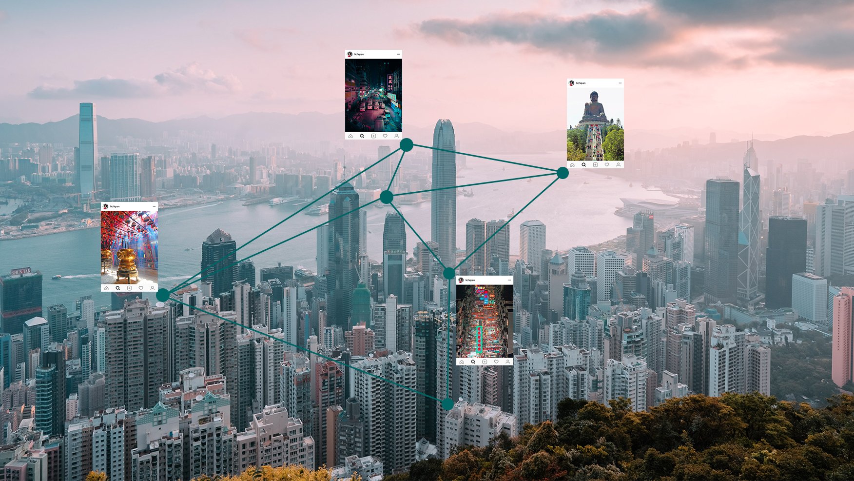 Aerial view of a city's skyline, with social media posts and connections overlaid, indicating a network or influence concept.