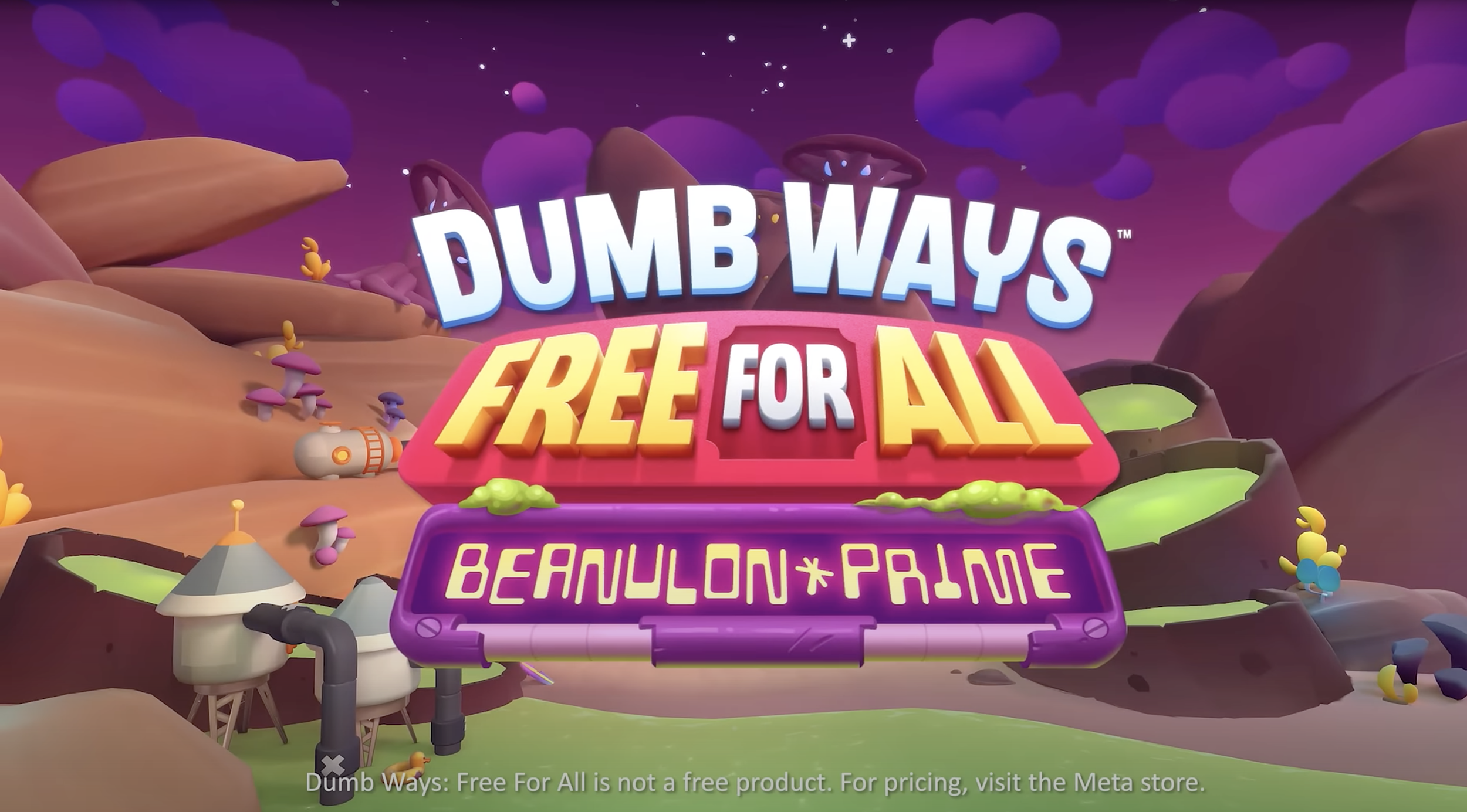 Promotional image for Dumb Ways: Free For All game showcasing a colorful, cartoonish landscape with vibrant purple and green hues, featuring whimsical mushrooms, a spaceship, and abstract terrain, with bold text announcing the game's title and platfo