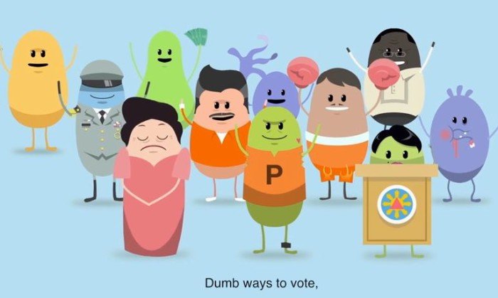 Cartoon characters of various colorful aliens and monsters gathered together, some behind a podium, with a woman in a pink dress in front. Caption reads, "Dumb ways to vote".