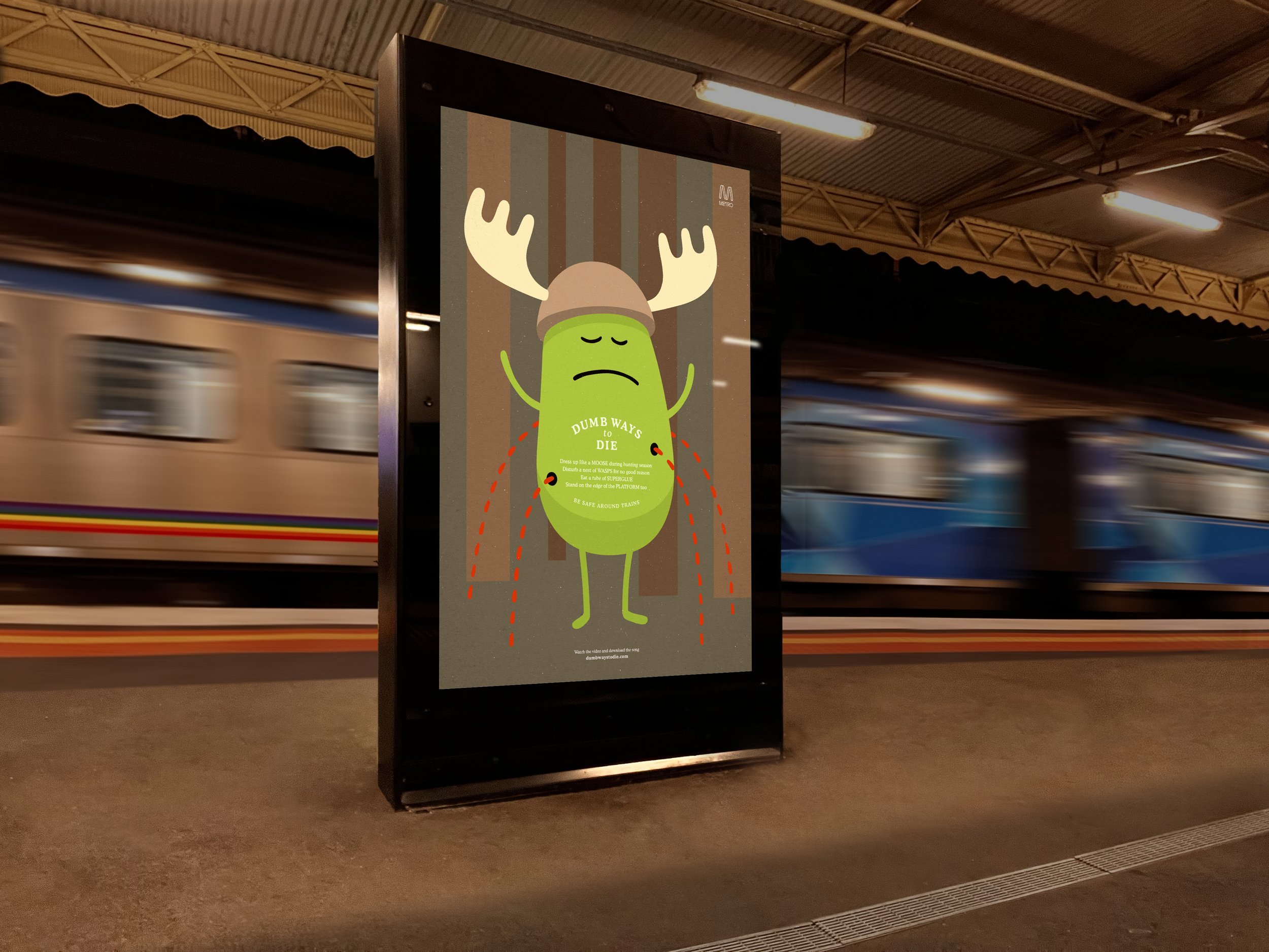 Animated character poster at train station platform with trains in motion.