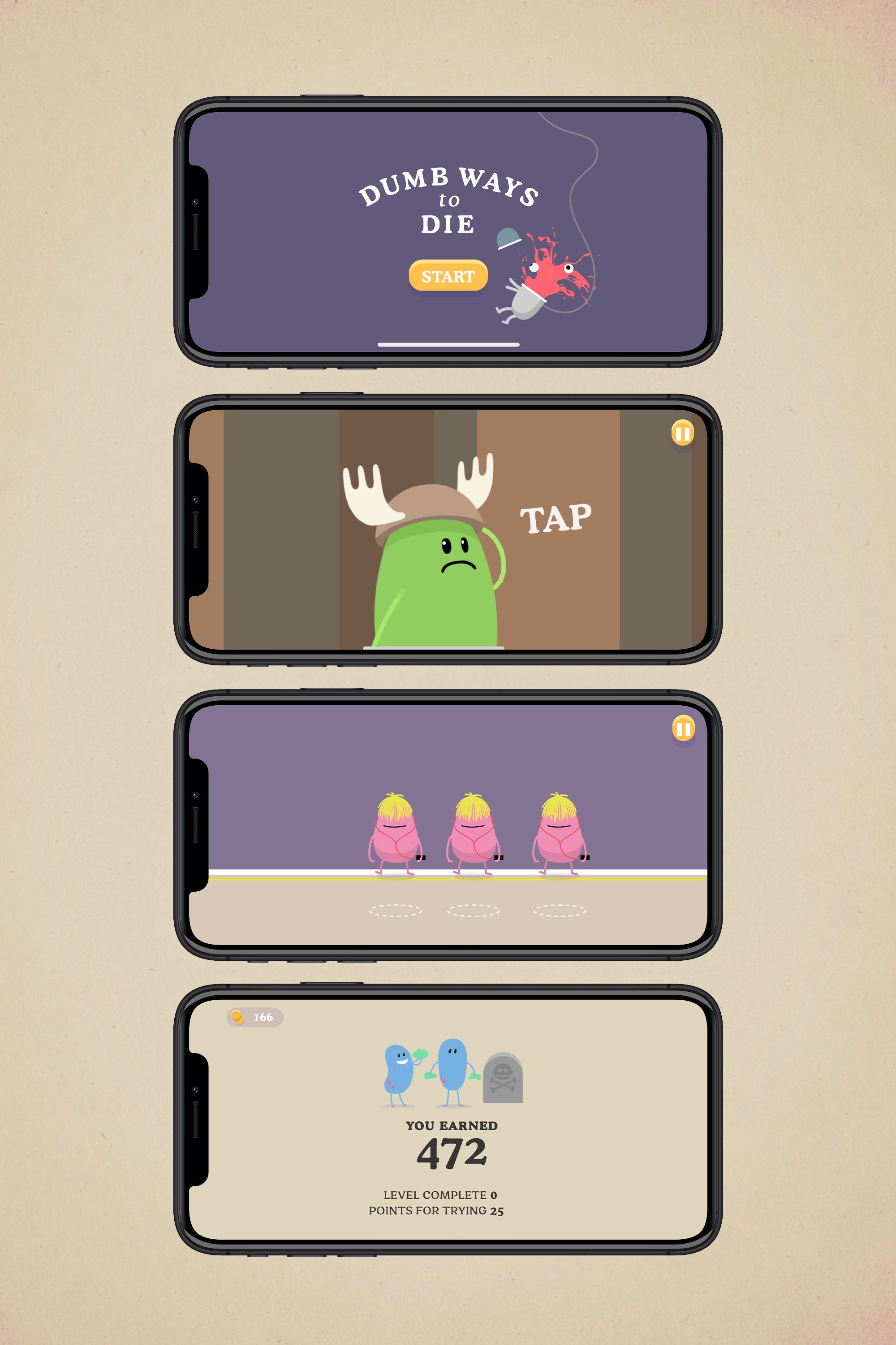 Four smartphone screens displaying scenes from the game 'Dumb Ways to Die,' featuring animated characters and score summary.
