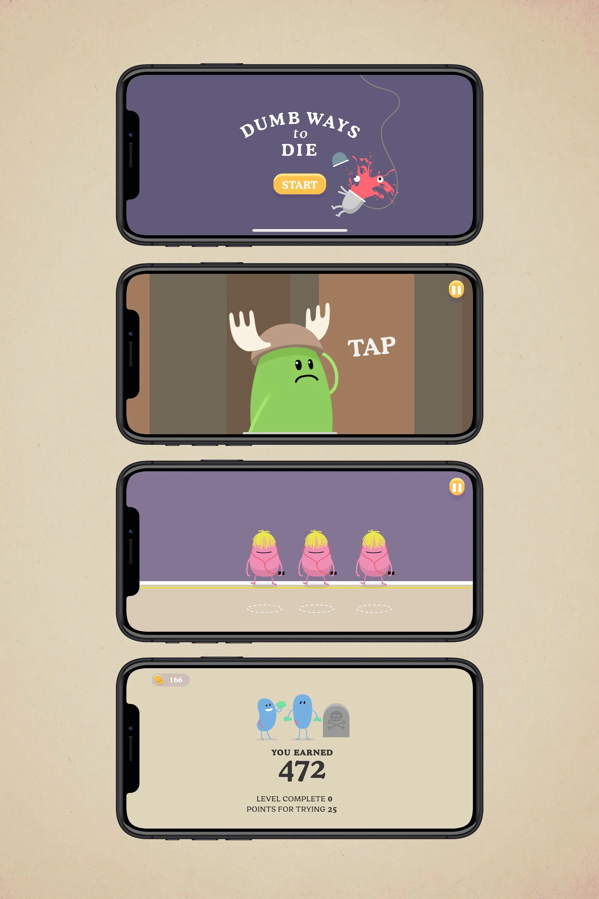 Four smartphone screens displaying scenes from the game 'Dumb Ways to Die,' featuring animated characters and score summary.