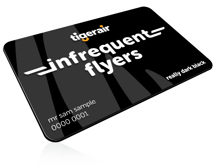 Black loyalty card labeled "Tigerair Infrequent Flyers," featuring "really dark black" text and sample name "Mr. Sam Sample," with card number "0000 0001."