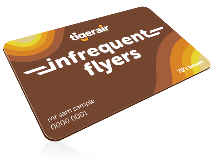 Tigerair Infrequent Flyers card in 70's brown color with the name "mr sam sample" and number "0000 0001"