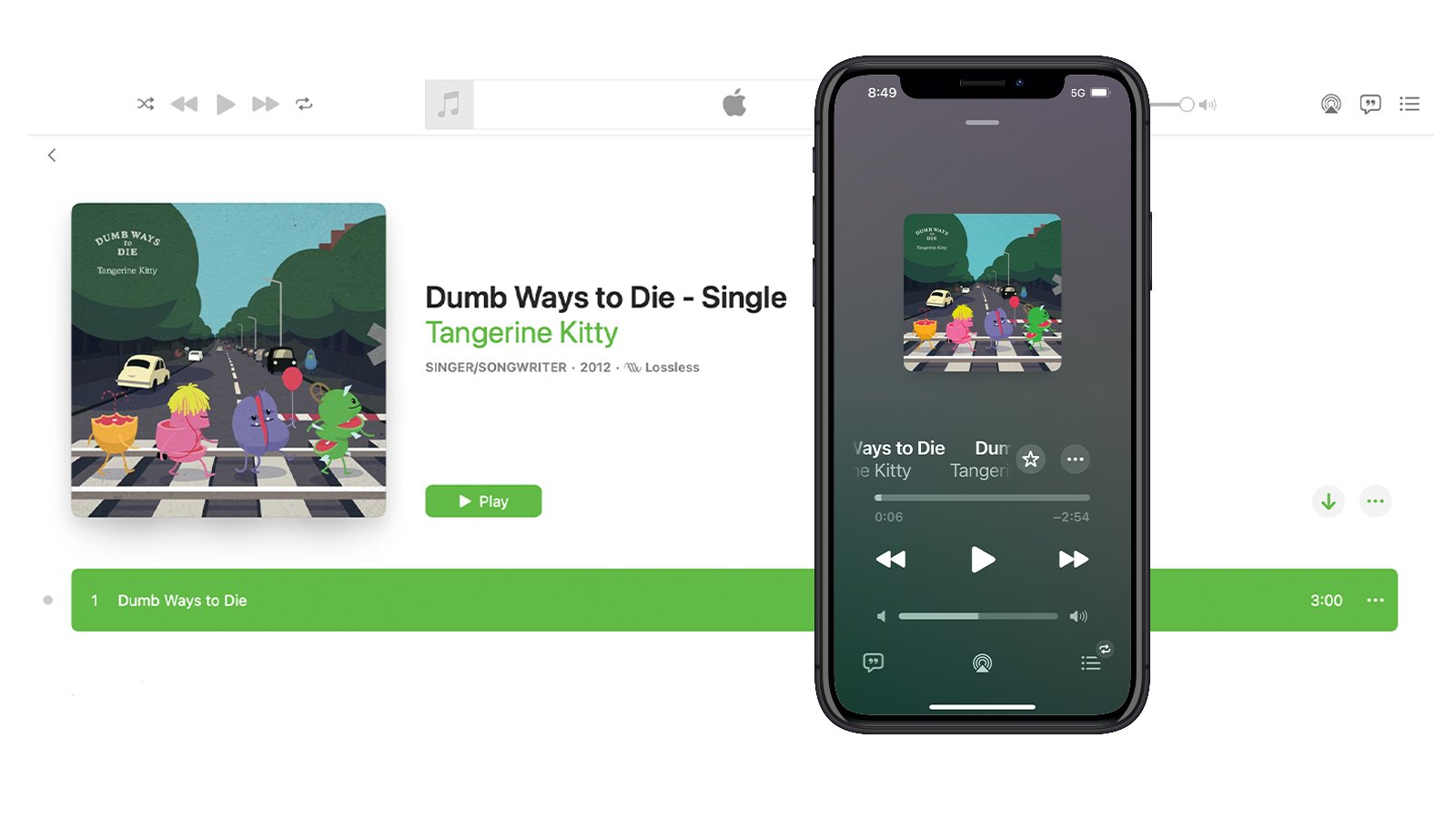 Digital music player interface displaying "Dumb Ways to Die" single by Tangerine Kitty, featuring song cover art with cartoon characters on a road.